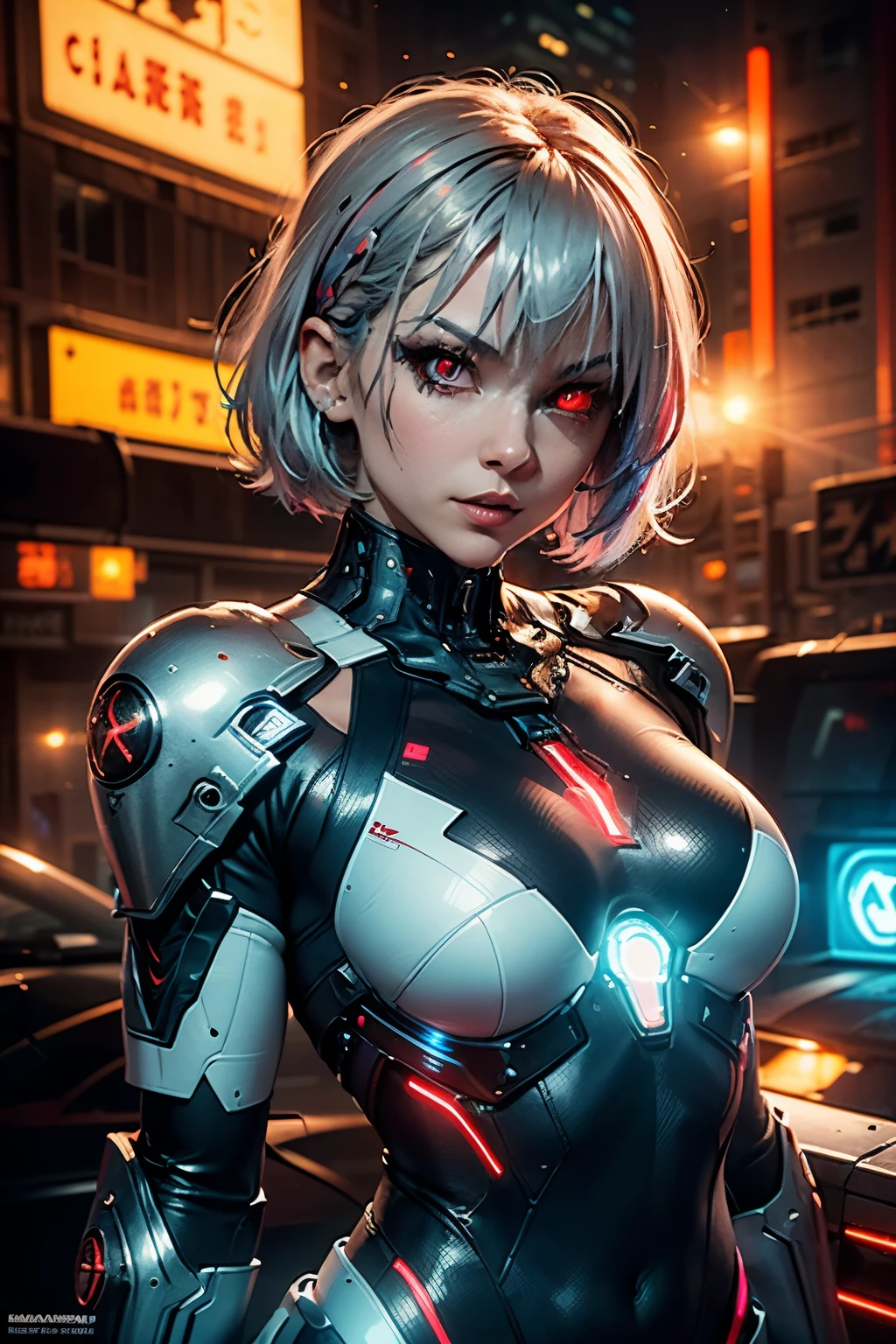 The Assassin’s Deadly Eye

A sleek female assassin with short silver hair and a glowing red cybernetic eye smirks as she aims a high-tech sniper rifle from a rooftop. Her black bodysuit is adorned with integrated armor plating, and a digital display on her visor calculates the wind speed and distance. The neon-lit megacity behind her is alive with movement, unaware that she’s locked onto her target.

Lighting/Shadow: High-intensity lighting with a strong red neon reflection from the cyber-eye.

Additional Modifiers: Femme fatale, sci-fi assassin, futuristic sniper, high-detail cybernetic design.