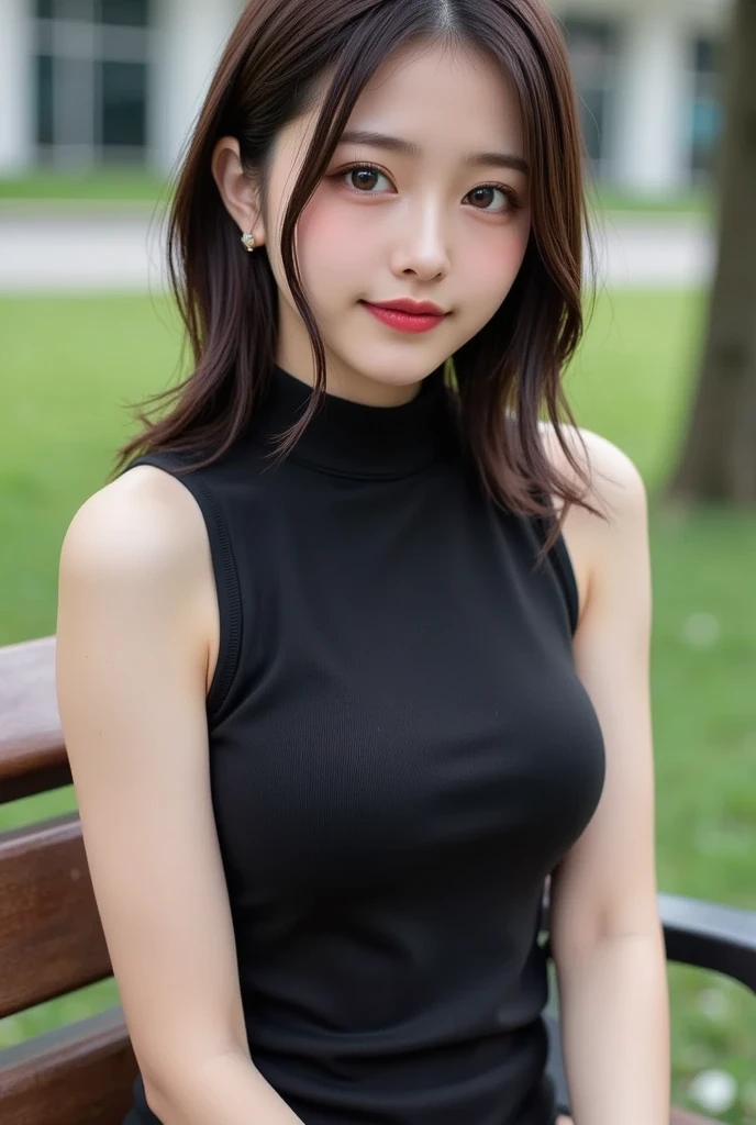 masutepiece、Best Quality、Illustration、 ultra-detailliert、hight resolution、8K Wallpapers、Perfect dynamic composition,、Beautiful detailed eyes、Medium Hair、(Beautiful Large Breasts:1.3)、Natural Color Lip、Bold sexy poses、Smile、Harajuku、20 years girl、Cute、Sexy shot looking at camera、(top-quality: 1.3), (​masterpiece: 1.3), (Super Detail: 1.3), (wall-paper, one girls: 1.1)、(Detailed hands and fingers:1.2)、(Detailed ultra-oily shiny skin:1.1)、oily shiny thighhigh、(Perfect beautiful black sleeveless high neck knit top:1.4)、Denim shorts、(Black pantyhose:1.3)、Brown hair、short-hair、bouncing hair、Beautiful sister、(a park:1.2)、(Beautiful Large Breasts:1.2) 、is standing、dance