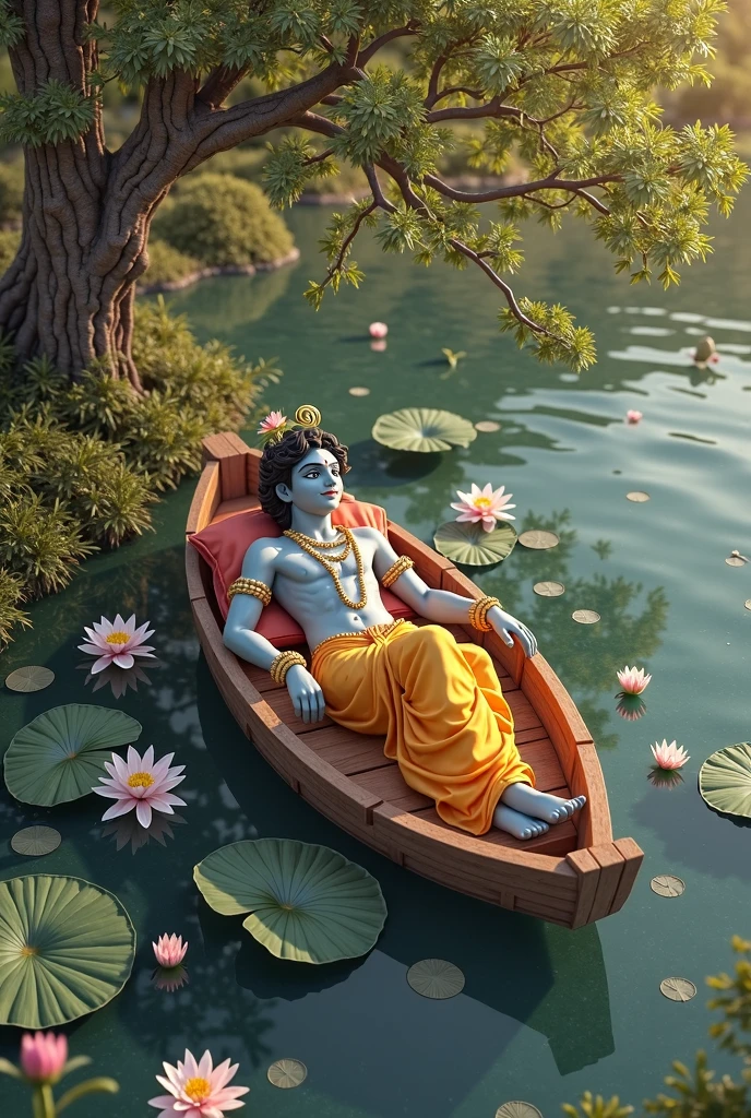 Little Krishna playing by the banks of the Yamuna river, his feet splashing in the water, with lotus flowers floating around him. A gentle breeze is blowing, making his peacock feather sway slightly. In the background, the river flows peacefully, with Vrindavan’s beautiful temples visible in the distance.