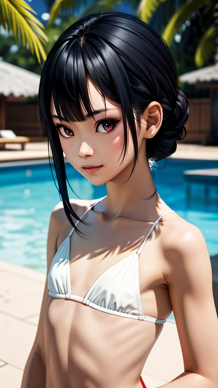 One Girl,(1人のとてもcute女の子:1.3),masterpiece,Highest quality,High resolution,Photorealistic,RAW Photos,Ray Tracing,beautiful girl,(:1.3),cute,Big eyes,(detailed pupils:1.2),(The face is facing straight ahead:1.3),Body facing forward,Beautiful nose,Fuller lips,Short black hair,ponytail,short hair,Detailed eyelashes,Thin eyebrows,Very fine grain definition,(Symmetrical eyes:1.3),(Face close-up,Face Focus:1.0),Small breasts,Short neck,White swimsuit,White Bikini,The background is the sea,Southern Island,Blue sky,White cloud,Portrait,View Viewer,Upper Body,Cinema Lighting,High resolution,Very detailed