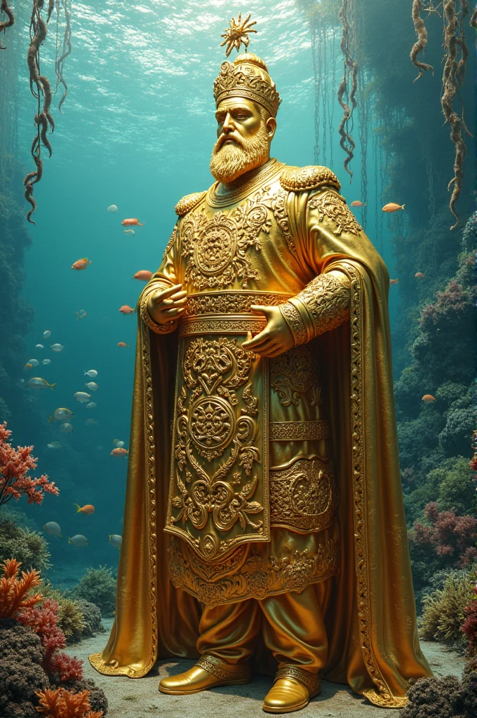 A statue sinking into the sea with coral and fishes attached to statu's body