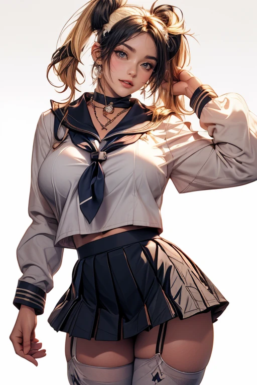 ((masterpiece)), ((best quality)), ((anime profile style)), ((HD 4k |)), ((female character)), ((High school girl)), (( Beautiful body)) , girl, female face, Happy, smiling, open mouth, teeth showing, manicured lips, ((tanned skin)), brunette, ((Light green eyes)), Eyelid, Pupil, Sclera, Iris, eyebrow , eyelashes, ear, nose, ((fur)), ((long brown hair)), ((hairlights effect)), (long-sleeved shirt), (blouse on top), (a school jacket), (skirt short), (tights), school shoes, ((light effect on clothing)), ((light effect on body)), neck, Shoulders, (thin waist), ((perfect belly)), arms, ((thick legs)), ((big thigh)), Backstory, ((walking)), details in environment, surrounding objects, ((lighting)), viewer's view