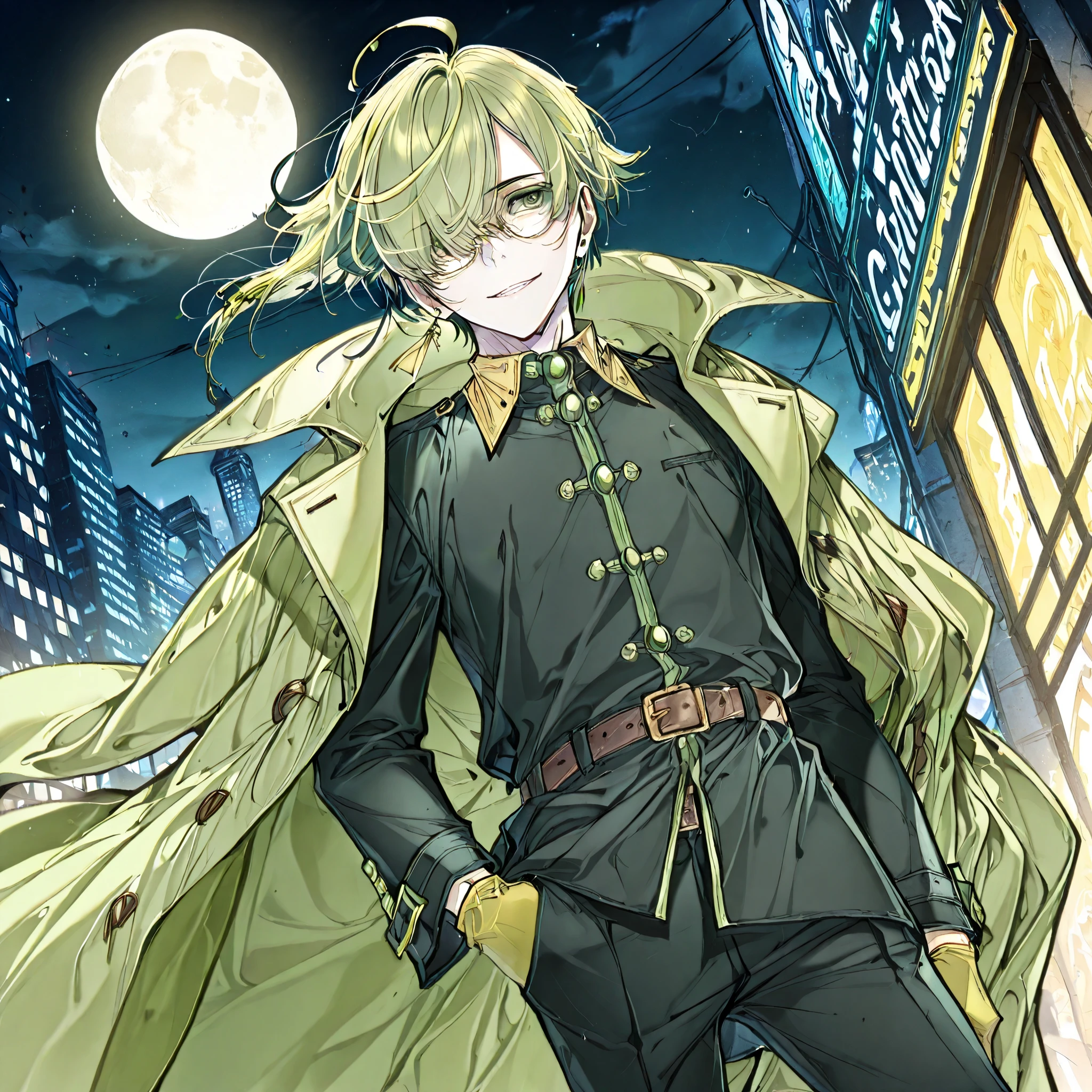 (boy), green ivy hair, green eyes, short cut, side part, ahoge, hair over one eye, short, solo, outside, at night, Thin, yellow half moon, pants, tale coat, grinning Smile, male, glasses, earrings, gloves, belt, delicate facial features, outside, in the city,