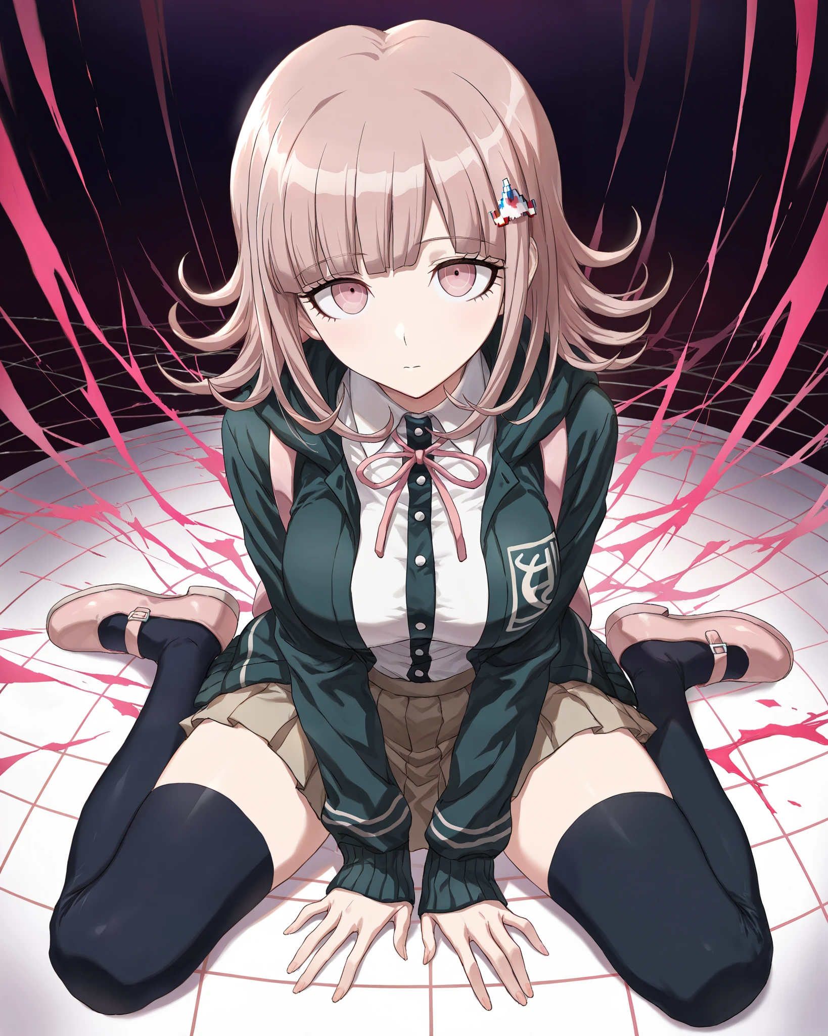 score 9, score 8 up, score 7 up, ultra-detailed, (best quality, masterpiece, ultra detailed, ultra high res, absurdres, high-resolution, highest quality, very aesthetic, textile shading), source anime, (detailed eyes), (detailed face), , , BREAK, (guchico), 1girl, solo, (nanami chiaki), (danganronpa /(series/)), (danganronpa 2: goodbye despair), thighhighs, looking at viewer, wariza, hand between legs,