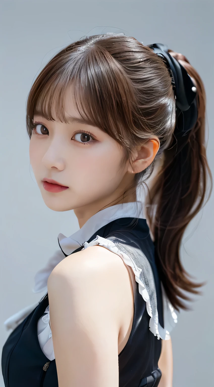 (beautiful girl、cute face、staring at viewers:1.3)、top quality,8K image、 perfect double eyelids、happy、natural color makeup、Moist lips、white skin、(low ponytail、 Strongly Blurred White Background 、Gothic ta、sleeveless with back、composition from the front、summer:1.3),