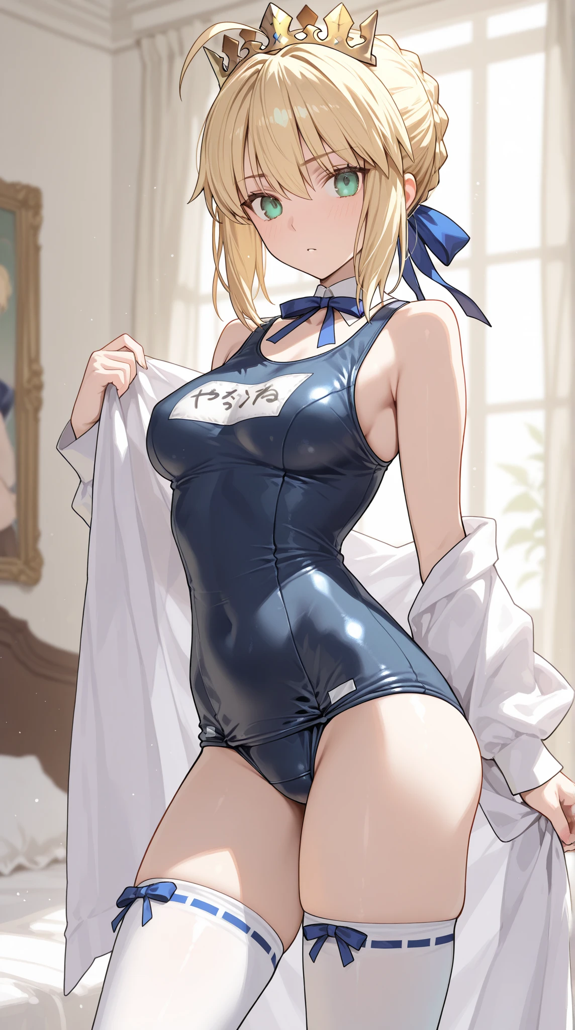 1girl, blonde hair, very short hair, blue eyes, breasts, large breasts, bowtie, wide hips, thick thighs, bunnysuit, leotard, white bunnysuit, smile, blue trim, pantyhose