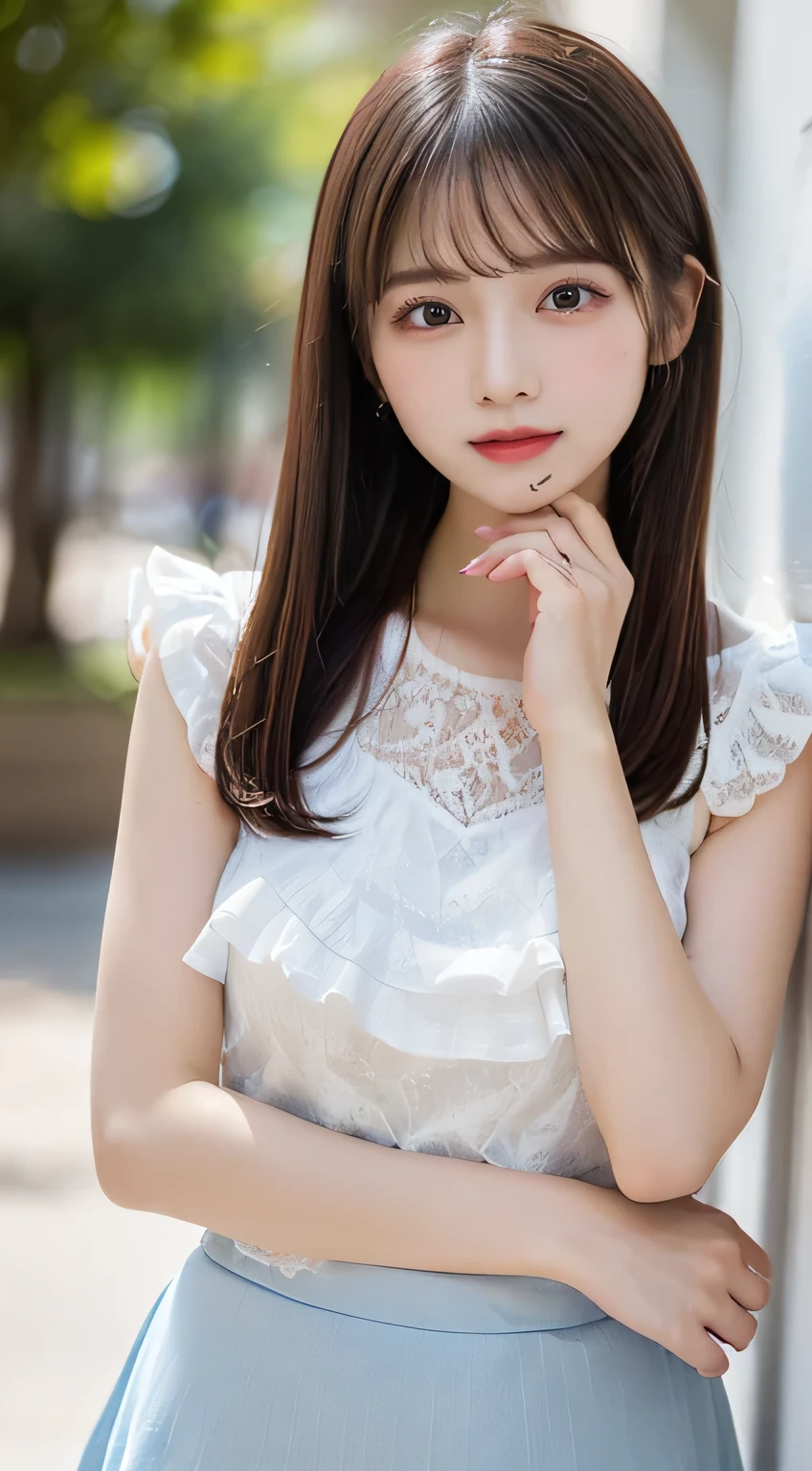 (beautiful girl、cute face、staring at viewers:1.3)、top quality,8K image、 perfect double eyelids、happy、natural color makeup、Moist lips、white skin、(straight hair、medium hair、straight hair, Strongly Blurred White Background 、white camisole、 frill、 frill、Midi Skirt、blue lace skirt、summer:1.3),