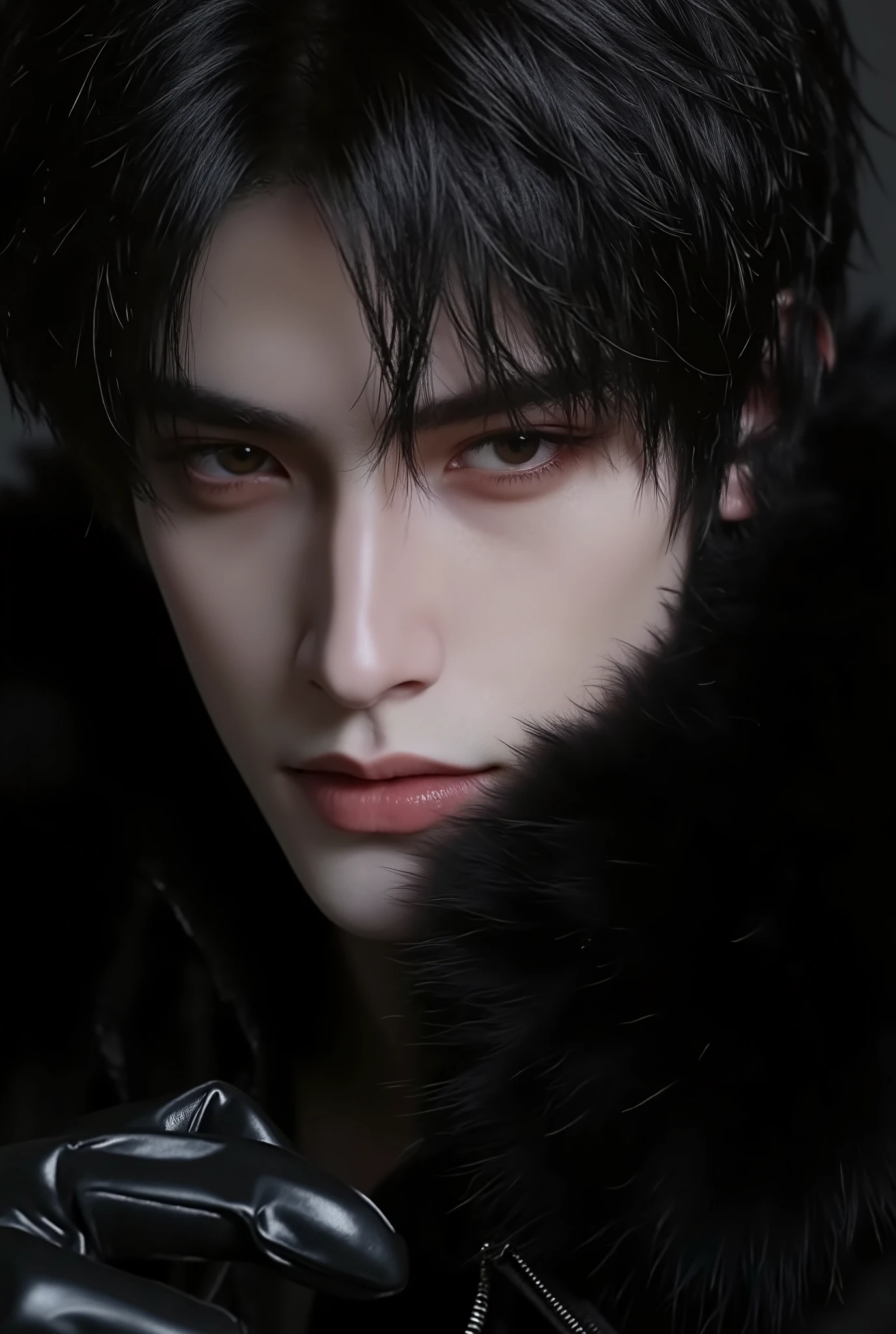is the face of a gray-eyed young man,dark hair , The cover of the mafia in a black fur scarf