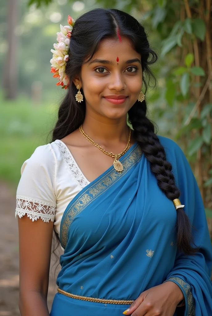 26 years old malayali girl, 70 kg weight, side partition braided hair, medium above teeth, medium fair colour, below average lips, average above face size , dress is normal churidar, she is not modern girl, she is true natural girl