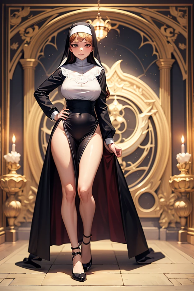 (masterpiece:1.3),(best quality:1.2),8k,absurdres,unity 8k wallpapper,(extremely detailed:1.3),highestres, 1girl, looking at viewer, centered view, (nun), full-body shot, curvy, middle-aged woman, saggy, huge breasts, shy, necklace, shot from front, milf, huge breasts, wet clothes, see through, alternated hairstyles, black hair, gloves, detailed background church, black dress