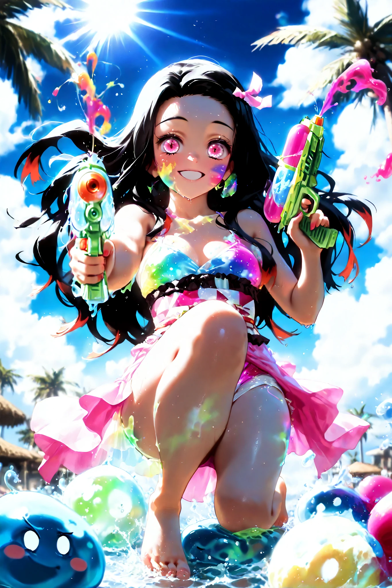 Nezuko kamado, (8k, HD), 1 girl, alone, long hair, black hair, pink eyes, pink summer bikni, pleasant smile, close view, perfect face, beautiful face, at Indian street crowdy, looking at viewer, barefoot, wind, palm trees, clouds, blue sky, (water balloons), (good hands), multicoloured smile, happy, joyful, close view, sunlight falling on her, colours, slime, ((colours on her body)), ((coverd in slime)), ((holding watergun)), ((colours on her face)), Holi_Style_SDXL, ((Multicolor Smoke)), Multicolor Paint, Multicolor Powder, face coverd with slime, full body