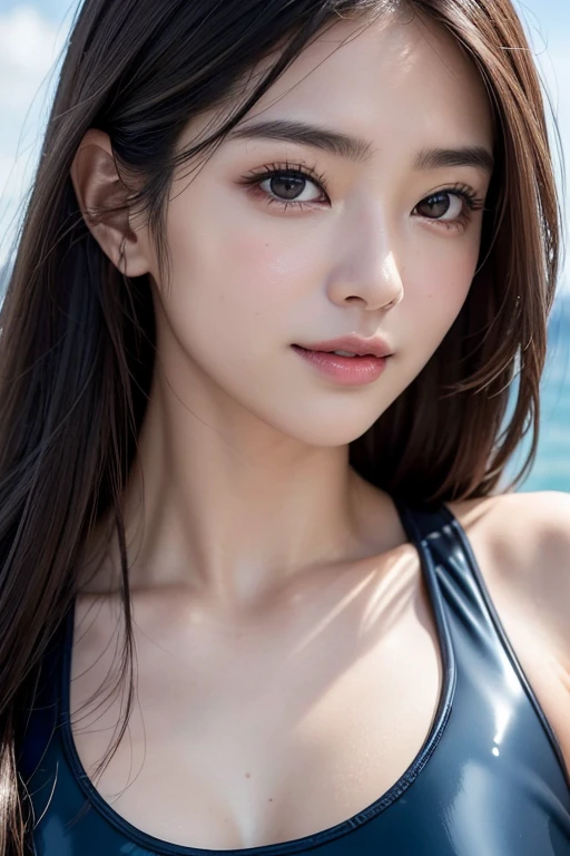 Tabletop, Highest quality, figure, Super detailed, In detail, High resolution, 8k wallpaper, Perfect dynamic composition, Beautiful fine details,Small Breasts Natural Color Lip, Bold sexy pose、20-year-old girl、cute、sexy shot looking at camera,Face close-up,KPOP idol faces,Navy blue swimsuit,Super detailed face,Attention to detail,double eyelid,Beautiful thin nose,Sharp focus:1.2,Beautiful woman:1.4,(Light brown hair,Shortcuts, White skin,Highest quality,masterpiece,超A high resolution,(Photorealistic:1.4),No exposure,Small A-cup breasts,Firm stomach,At the tropical pool,Sensual,Bust exposed,
