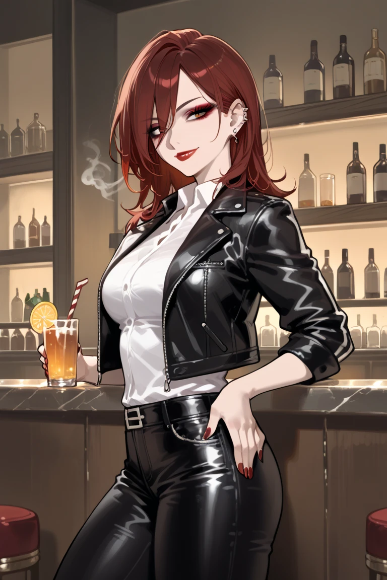 (Night:1.7), smoking a cigarette
,holding a cigarette,
,(red_collared_shirt:1.5),
jewelry,midriff,gem,circlet,earrings,necklace,
brown_hair,brown_eyes,Very_long_hair,lipstick,makeup,red_lips,
1 girl, 20yo,mature female,Beautiful Finger,Beautiful long legs,Beautiful body,Beautiful Nose,Beautiful character design, perfect eyes, perfect face,
bar background, inside bar, indoor, masterpiece, best quality, highly detailed, a girls with a gun, open mouth, blazer, sexy gaze, (nsfw) not
safe for work, badass pose , evil smile, smile, black bra, anime girl with long hair, long haired girl,
navel, evil expression, exposed belly, exposed navel, exposed midriff, exposed lower belly, micro
miniskirt, micro pencil skirt, pencil skirt ,holding a gun, holding pistol, navel piercing