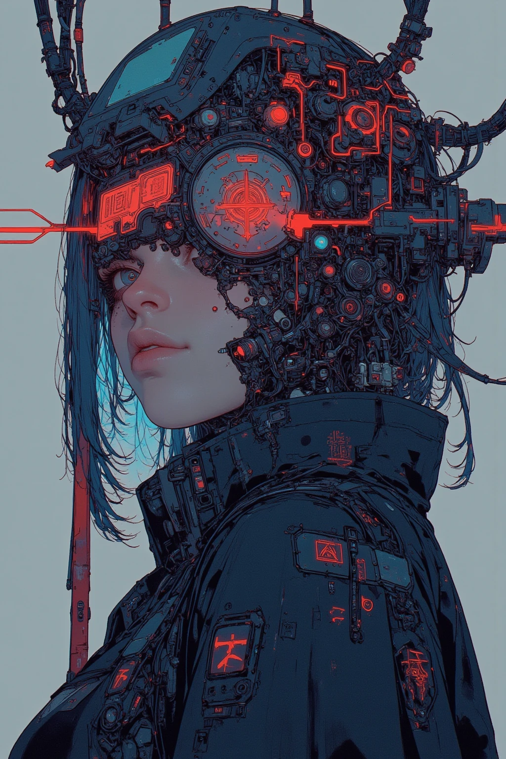 Crazy Woman ,A woman said  「  I'm Electric Signals  」 , sensor、fine wiring,glowing lines and eyes like LEDs,Gloss and reflection,design that combines humans and machines,composition with cyberspace in the background,with blue and red neon colors as accents,black and silver with mechanical feel,人間性と機械の融合による葛藤をsurreal collage、a contemporary artistic collage,collage artwork,New Album Jacket, Great Job !!,digital collage。(collage ),collage art、contemporary collage、mixed media collage?surreal + high image quality during sick leave ,surreal styleコンバーチブル,what she calls the inner world of the autism spectrum,Now,circuit? alphabet string  ,cyberpunk 