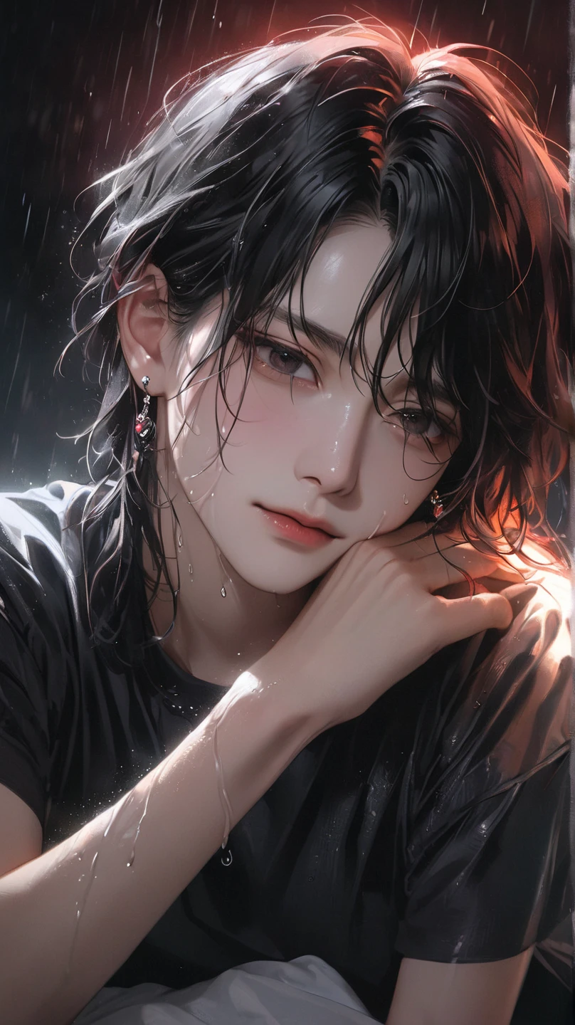 a teenager male, cry for love, on the top of the building, heavy rain drop down, wet clothes, wet hair, clear face, lonely, tearing up, eye reflection, streaming tears, tears, ray tracing, reflection light, chiaroscuro, cinematic lighting, close-up, masterpiece, best quality, high details, highres, ccurate, textured skin, high quality, UHD, HD