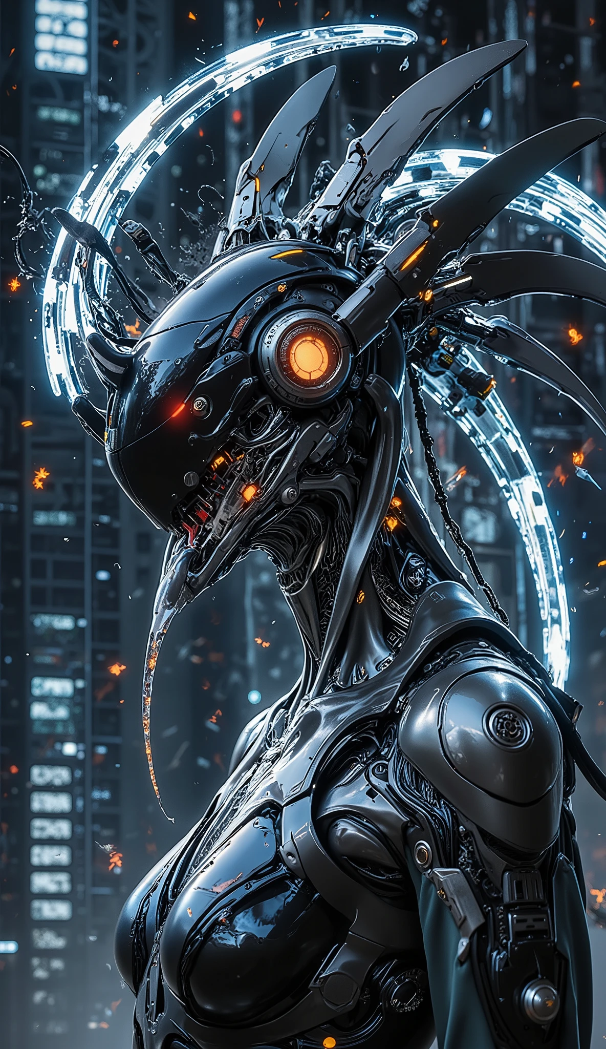A futuristic female cyborg with a city integrated from her neck to her head undergoes a radical transformation. Skyscrapers break apart, transforming into glowing mechanical cubes, shifting gears, and neon-filled organic tendrils. Some buildings melt into liquid metal, forming new cybernetic forms, while others rise into the sky as hovering drones. The process is surreal, with bursts of energy and streams of holographic data flowing between the fragments. There is a sense of controlled chaos, as if the city is evolving into a high-tech nation.
