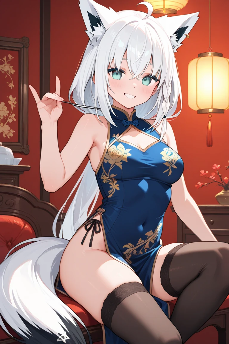 1girl、(((best quality)), ((masterpiece)), (details), masterpiece, best quality, high quality, ulutra detailed, perfect face, ((1girl, blue eyes, cat ears: 1.3 silver bob hair: 2.5,)) and ((Big white wolf:2.1)) 、Shiny Hair、Glowing Skin、blush、Lustful look、Small breasts,Sidetiletto heels、China dress、Alluring expression,Chinese gorgeous outdoor background、