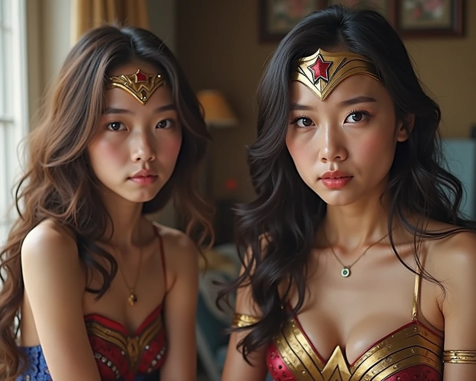 (wonder woman clothing),Stick together,Cuddle together,Grab your chest from behind,scowling,Short hair in layers,Coiled hair,hair-bun,Bangs on both sides,(A half body,Close-up),Skinny and small,beautidful eyes,Super detailed face,Beautiful woman,Tight and thin waist,Celebrity,Raised sexy,(inside in room,Couples hotel,Cover your breasts with your hands,Place your hands on the breasts on your clothes,Pinch your breasts through your clothes,Grab the breast through the clothes,Squeezing the breasts through clothing:1.2),Sharpen,Front light,twincest