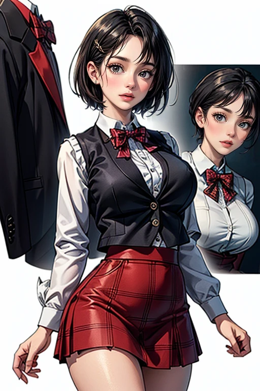 ((Girls standing in front of the school gate)),((white blazer、emblem on the chest))、(white blouse)、(red bow tie)、(dark blue checked skirt). 40k, photo shoot, table top, highest quality,, ((1 girl with beautiful eyes、Brown Light、short hair, . white skin, various poses. highest quality,, ultra high resolution, (realistic:1.4), Raw photo, (perfect body shape), (slim:1.3), slim belly, Perfect slim figure, dynamic pose,girls, Cold light 12000K, very detailed facial and skin texture, fine eyes, realistic eyes, fine and beautiful eyes, (realistic skin), charm, 超A high resolution, Super realistic, very detailed,smile