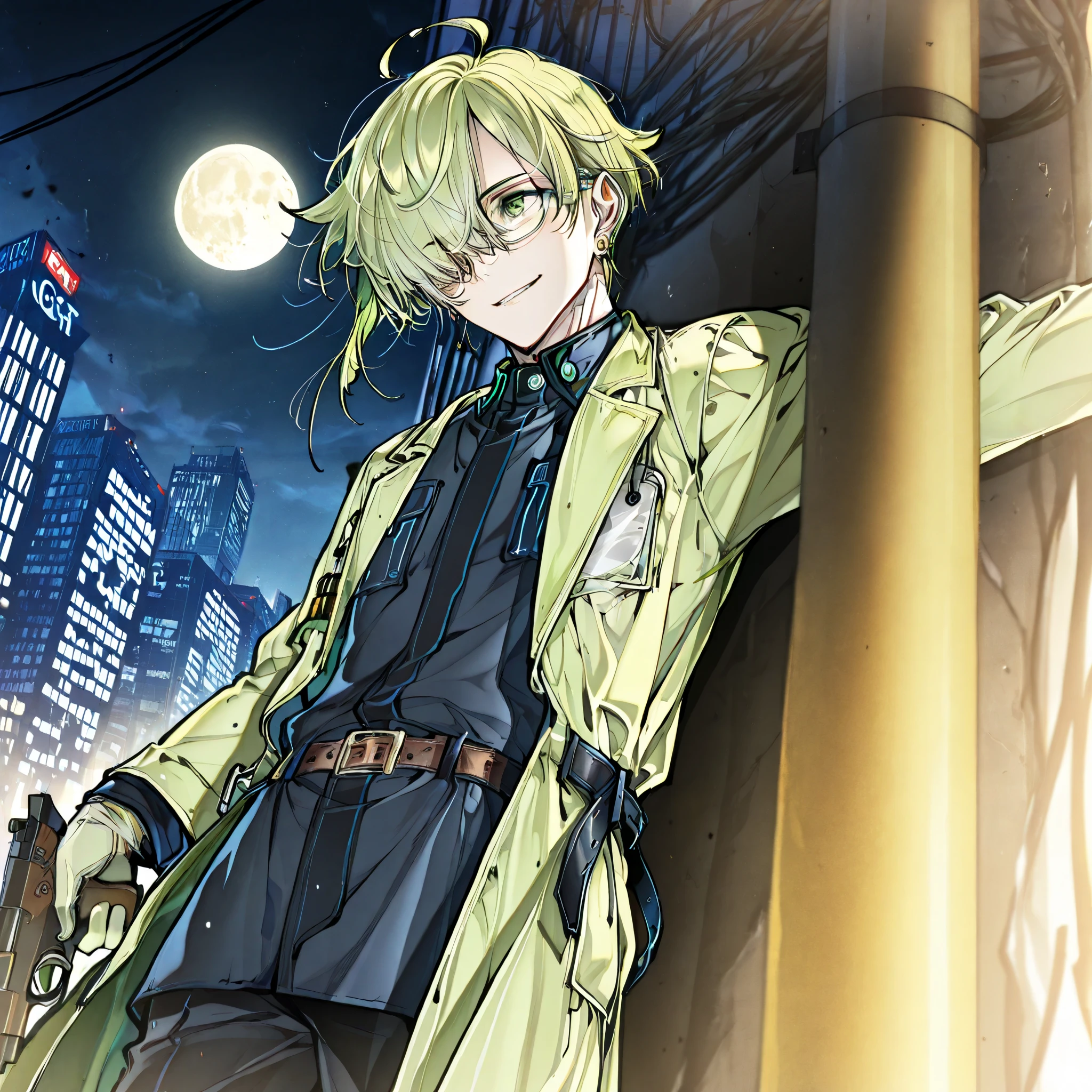 (boy), green ivy hair, green eyes, short cut, side part, ahoge, hair over one eye, short, solo, outside, at night, Thin, yellow half moon, pants, grinning Smile, male, glasses, earrings, gloves, belt, delicate facial features, outside, in the city, Doctor, with a gun