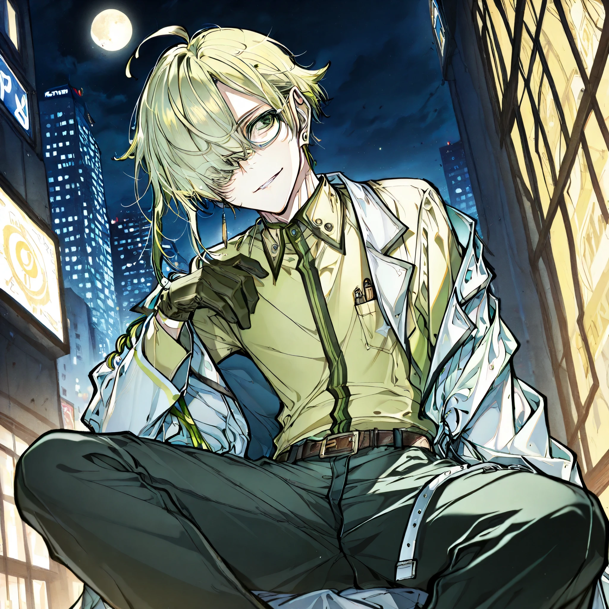 (boy), green ivy hair, green eyes, short cut, side part, ahoge, hair over one eye, short, solo, outside, at night, Thin, yellow half moon, pants, grinning Smile, male, glasses, earrings, gloves, belt, delicate facial features, outside, in the city, Doctor, with a gun
