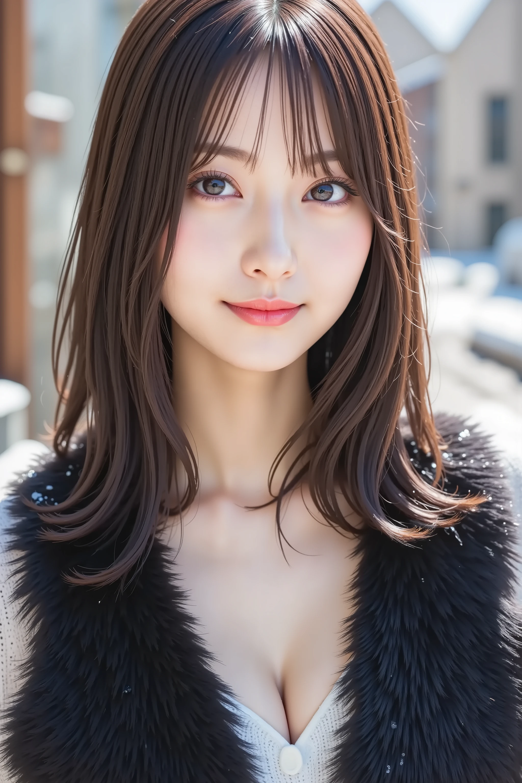 with the face positioned exactly in the center of the image , Upper chest , illustration of a woman with a penis , I can clearly see my face 、 snowy black fur coat, Outside a snowy winter landscape, long hair、bungs, smile, young and cute Japanese face , Official Art, high image quality during sick leave CG Unity 8k wallpaper,Ultra high image quality during sick leave , very detailed, high image quality during sick leave , FILM GRAIN , lens flare glow , top quality ,8k, snowy black fur coat as a ,8k, viewer , masterpiece,top quality ,very detailed, it's cute , sexy,very detailedな,Detailed Features ,beautiful, Illustration of a Woman Having a Penis , beautiful Japanese woman, Women's 1 , tight breasts
