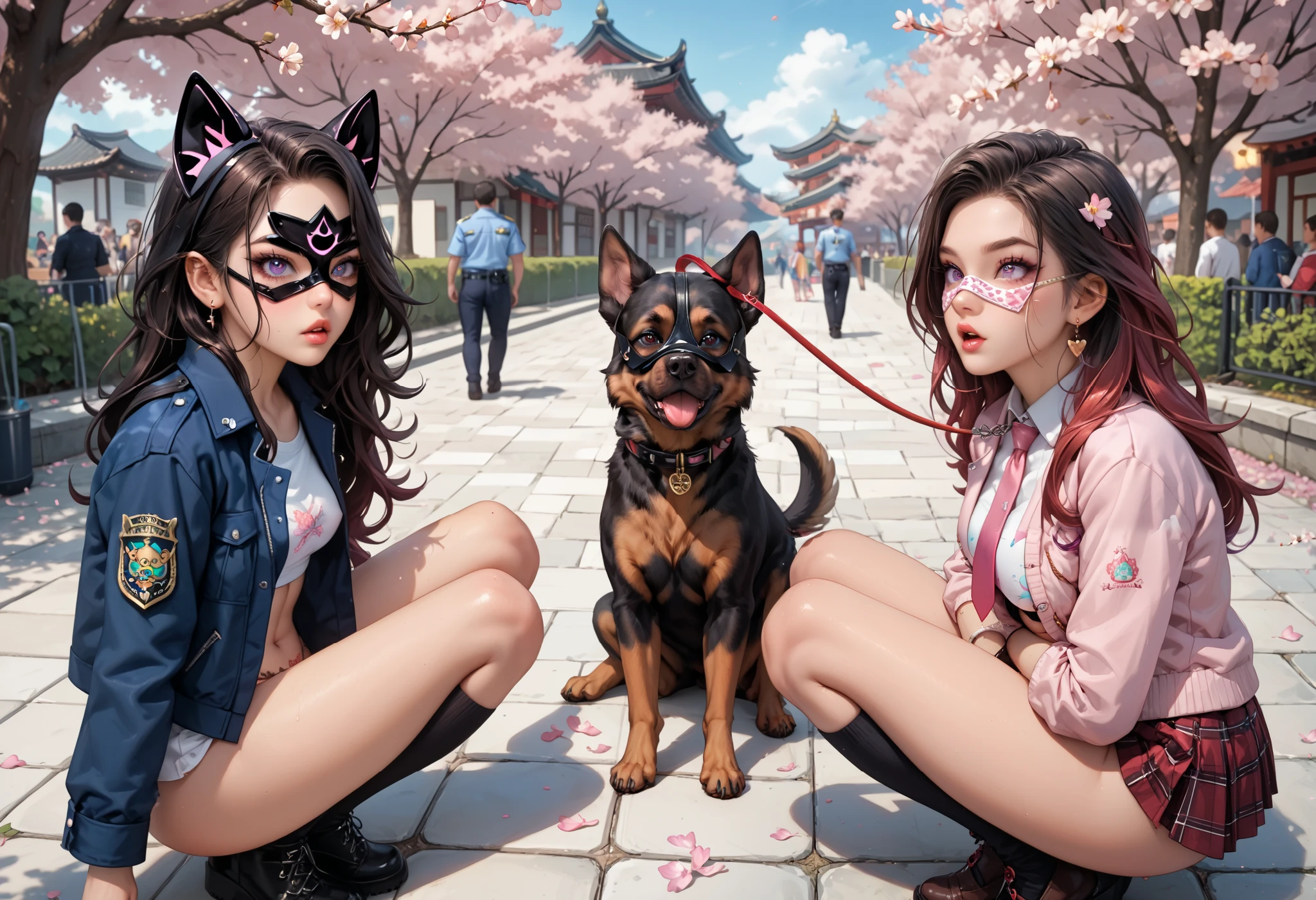 Rows of cherry trees, riverside promenade, cherry blossoms in full bloom, many cherry blossom viewers, clear skies, flurry of falling cherry blossoms, looking up,(surrounded by audience),(lay:0.5), (face down ass up, lift ass up:0.67),(arms raised in the air:0.7),(paw pose:0.7), (spread legs:0.7), (Thrust forward at the waist:0.85), (Erotic squatting full of confidence:0.8), (other erotic poses:0.6), (petting:0.9), (kissing:0.92),(fingering:0.8), young beautiful 3women transformed by a playful yet benevolent magic that enhances her mystical aura, dog ears, (ethereal design police jacket and tube top and shibari and thong with butt plug:0.99), Collar with leash, gloves with sharp claws,(dog eye mask:1.6),dark brown thigh-high stockings with glowing rune pattern, Shy and flirtatious expression as she embraces her magical transformation,(flushed skin:0.7),heart-shaped pupils, green glowing eyes imitating a dog, costumes has a star pattern that symbolizes the ability to manipulate space, The long flowing light-emitting black hair, (magic flows from her hands forming swirling patterns in the air:0.6),(open your mouth , is sticking out its tongue:0.65),(well-trained body:1.6),(huge tits:1.4),(small tits:1.3),(covered nipples:0.7),(suntan:1.2),(Pubic hair:0.7),(underarm hair:0.99),(camel toe:0.6),(They all wet their crotches with love juice:0.5),(erotic tattoo on the leg groin),(open crotch and urine ,natural urination:0.7),The image is in anime and manga art style,(from above:1.12), Dynamic Actions:1.5, Dynamic Angle:1.5, anatomically correct, super detail
