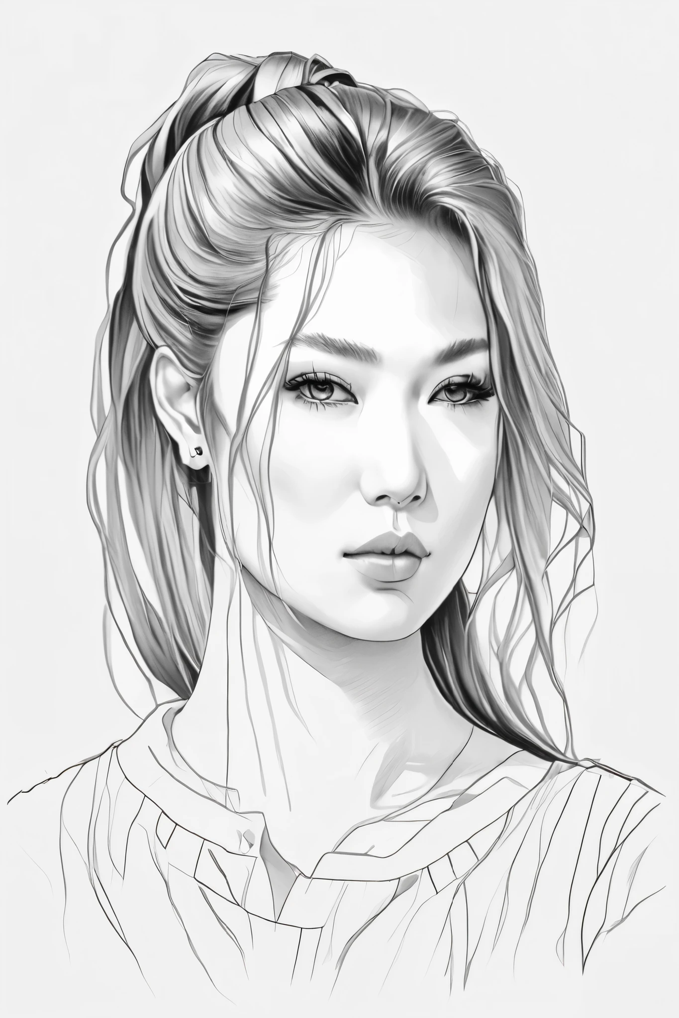 (drawing portrait realism:1 . 2) , face portrait、Black and White、 beautiful、skin texture has lots of realistic details , on A3 paper on desktop , desktop image quality iPhone 14 , 108 megapixel high resolution photo ,Sketch ,Use a container ,
