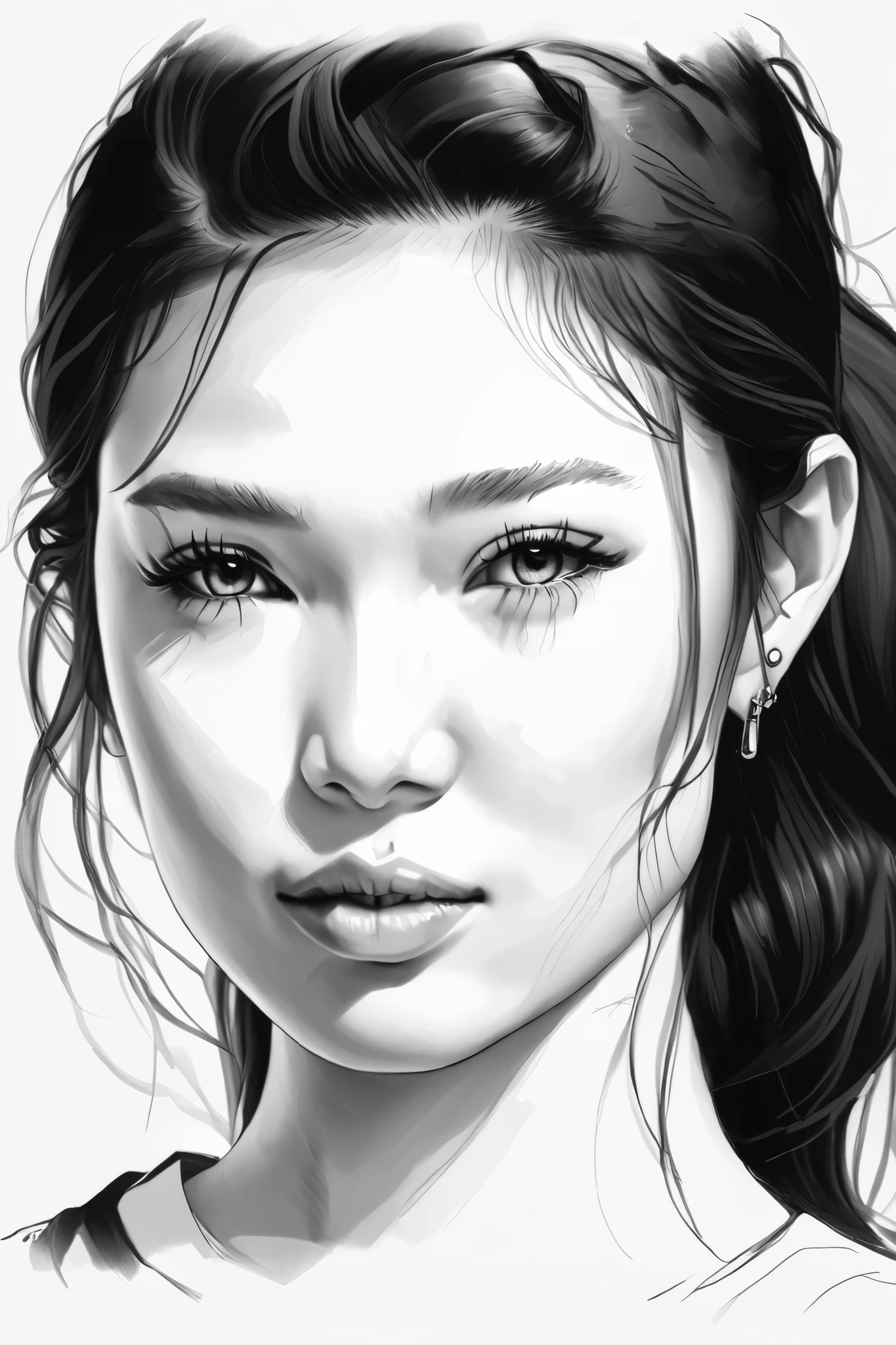 (drawing portrait realism:1 . 2) , face portrait、Black and White、 beautiful、skin texture has lots of realistic details , on A3 paper on desktop , desktop image quality iPhone 14 , 108 megapixel high resolution photo ,Sketch ,Use a container ,
