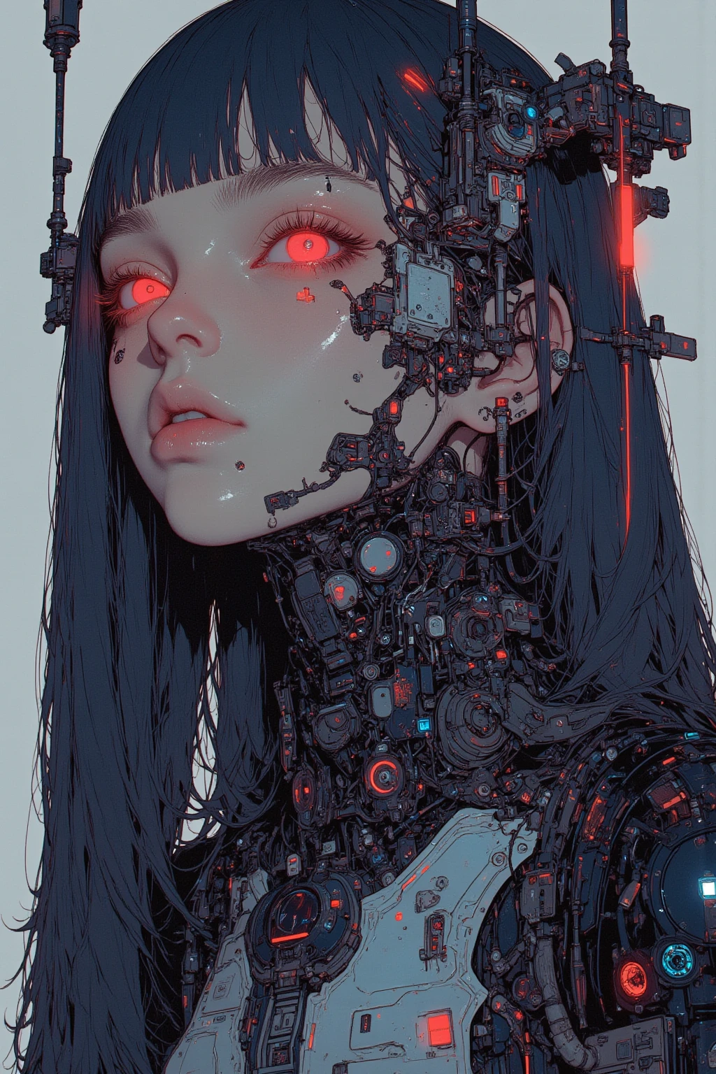 Crazy Woman ,A woman said  「  I'm Electric Signals  」 , sensor、fine wiring,glowing lines and eyes like LEDs,Gloss and reflection,design that combines humans and machines,composition with cyberspace in the background,with blue and red neon colors as accents,black and silver with mechanical feel,人間性と機械の融合による葛藤をsurreal collage、a contemporary artistic collage,collage artwork,New Album Jacket, Great Job !!,digital collage。(collage ),collage art、contemporary collage、mixed media collage?surreal + high image quality during sick leave ,surreal styleコンバーチブル,what she calls the inner world of the autism spectrum,Now,circuit? alphabet string  ,cyberpunk 