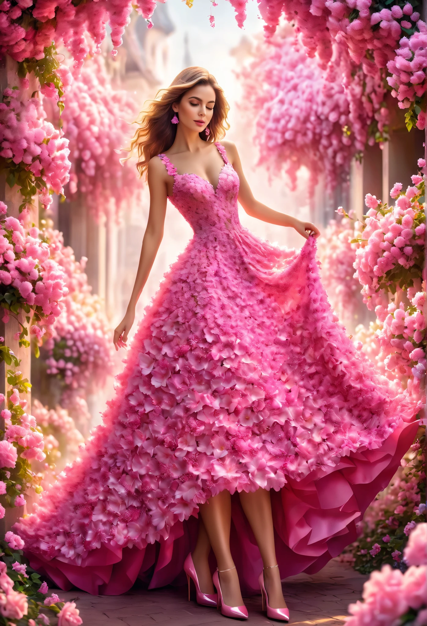 Create a super accurate portrayal of an absolutely stunning and captivating young woman dressed in a vibrant and lifelike dress that is incredibly appealing, pink with a striking impact in detailed imagery; it must be astonishingly realistic and impressive.