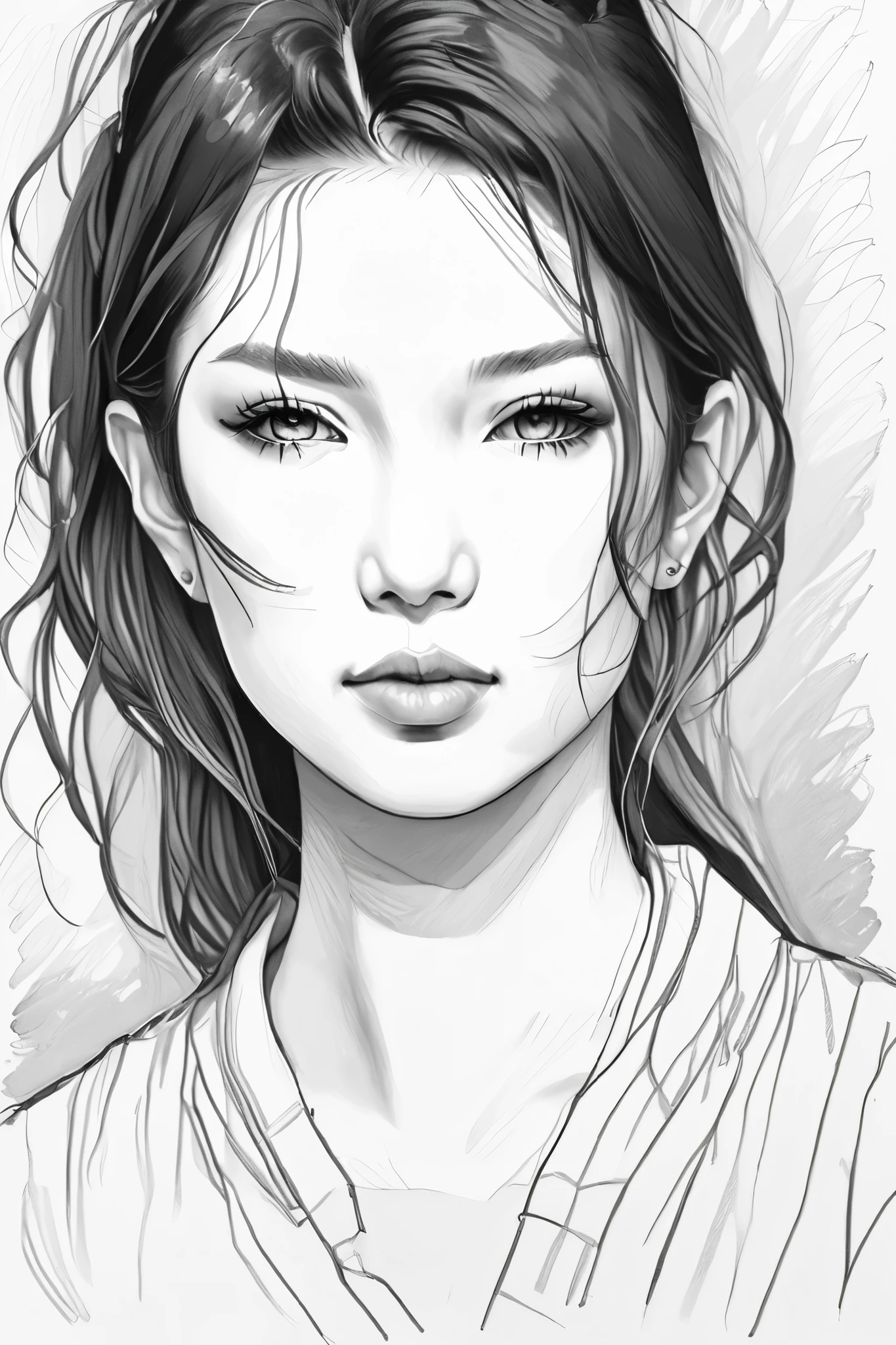 (drawing portrait realism:1 . 2) , face portrait、Black and White、 beautiful、skin texture has lots of realistic details , on A3 paper on desktop , desktop image quality iPhone 14 , 108 megapixel high resolution photo ,Sketch ,Use a container ,