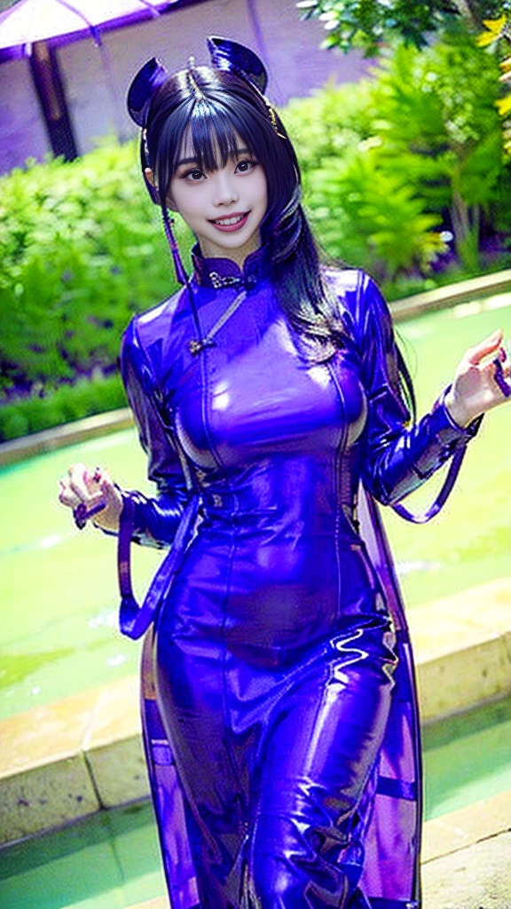 (RAW photo:1.4), (photorealistic:1.7),(intricate details:1.2),(masterpiece:1.3),(best quality:1.4), (ultra highres:1.2), ((purple latex aodaimong:1.1)), dynamic lighting, slim body, perfect female figure, clean, pale skin, smile, intricate details, earrings, flower on head:, khongbra:1, bangs, (twintails:1.1), arms behind head, (detailed clothes features), skin tight, (shiny skin), (slender girl),(slim girl), (1girl,solo), night city background, busy sidewalk, sharp focus, earrings, bang, smile, looking at viewer