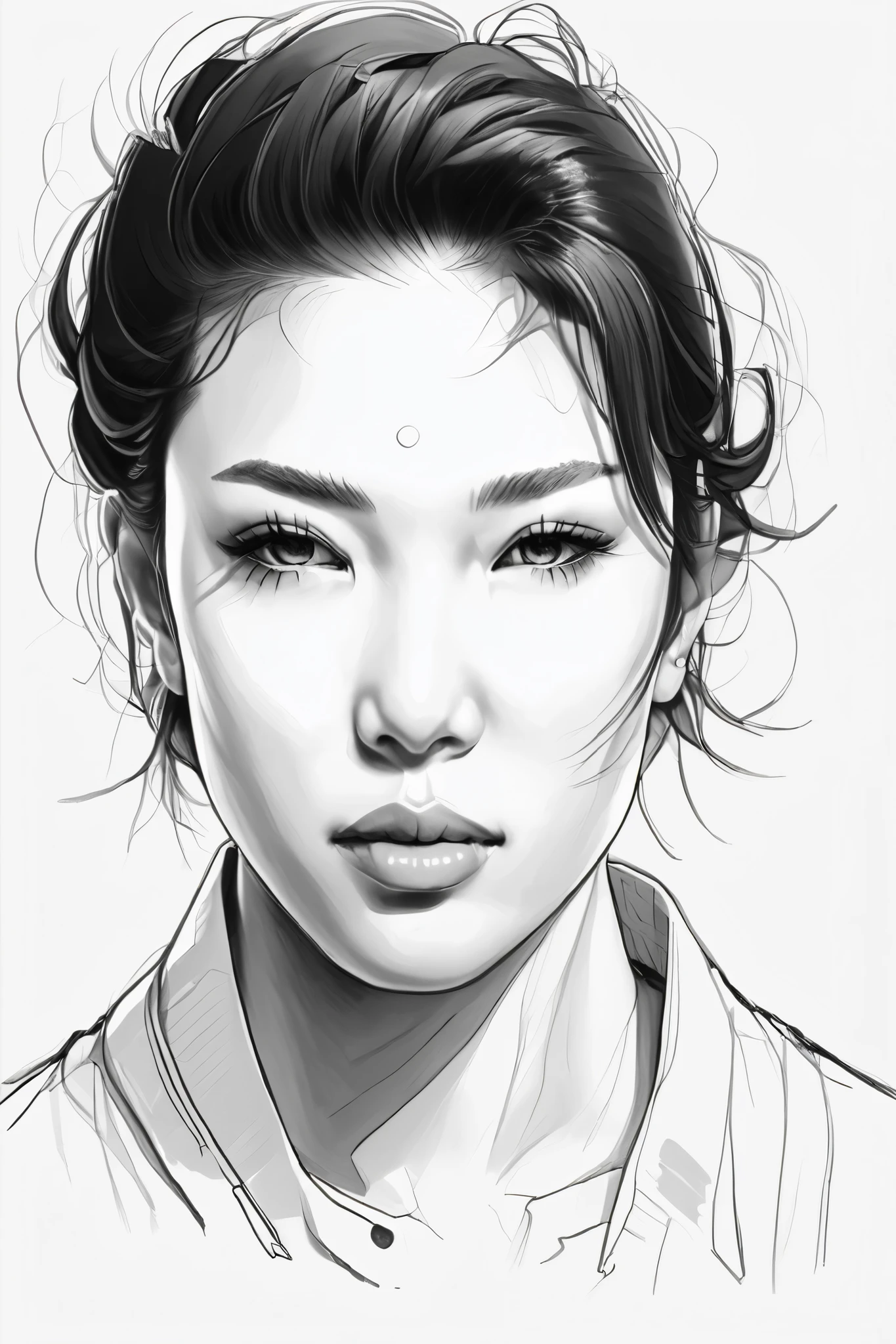 (drawing portrait realism:1 . 2) , face portrait、Black and White、 beautiful、skin texture has lots of realistic details , on A3 paper on desktop , desktop image quality iPhone 14 , 108 megapixel high resolution photo ,Sketch ,Use a container ,
