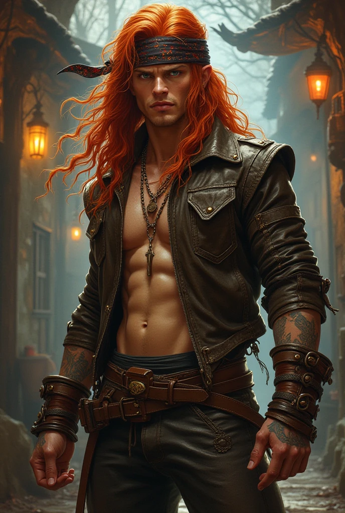 Hot tall male, red hair and blue eyes, On the dark woods, Magically Mysthically detailed, with glowing butterfly, ((wonderland theme)) ((fixed light composition))