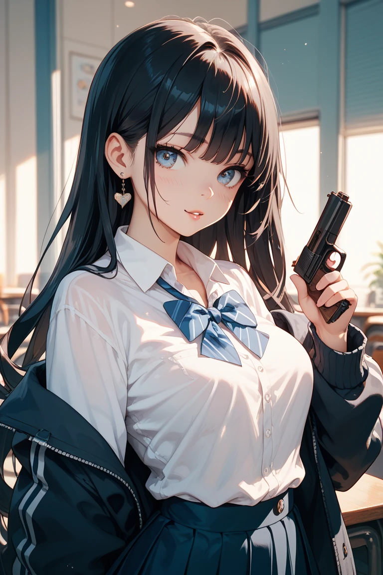 nsfw,Woman Tormented by Monster)((masterpiece,Highest quality:1.3,best quality illustration)),realistic,cowboy shot,1woman,(22 year old beauty),((very small head:1.4)),ideal ratio body proportions,dark blue hair,straight long hair,bangs,black eyes,gorgeous big eyes,Heavy breathing、((tan skin,skinny,Injury:1.3)),(Torn clothing、Black tie、White collared shirt、Long sleeve、Black pleated mini skirt)),medium breasts,gleaming skin,slender body,sweat:1.3,(Holding a detailed handgun),on street,(Multiple Monsters)、Collapsed Buildings、Tokyo、