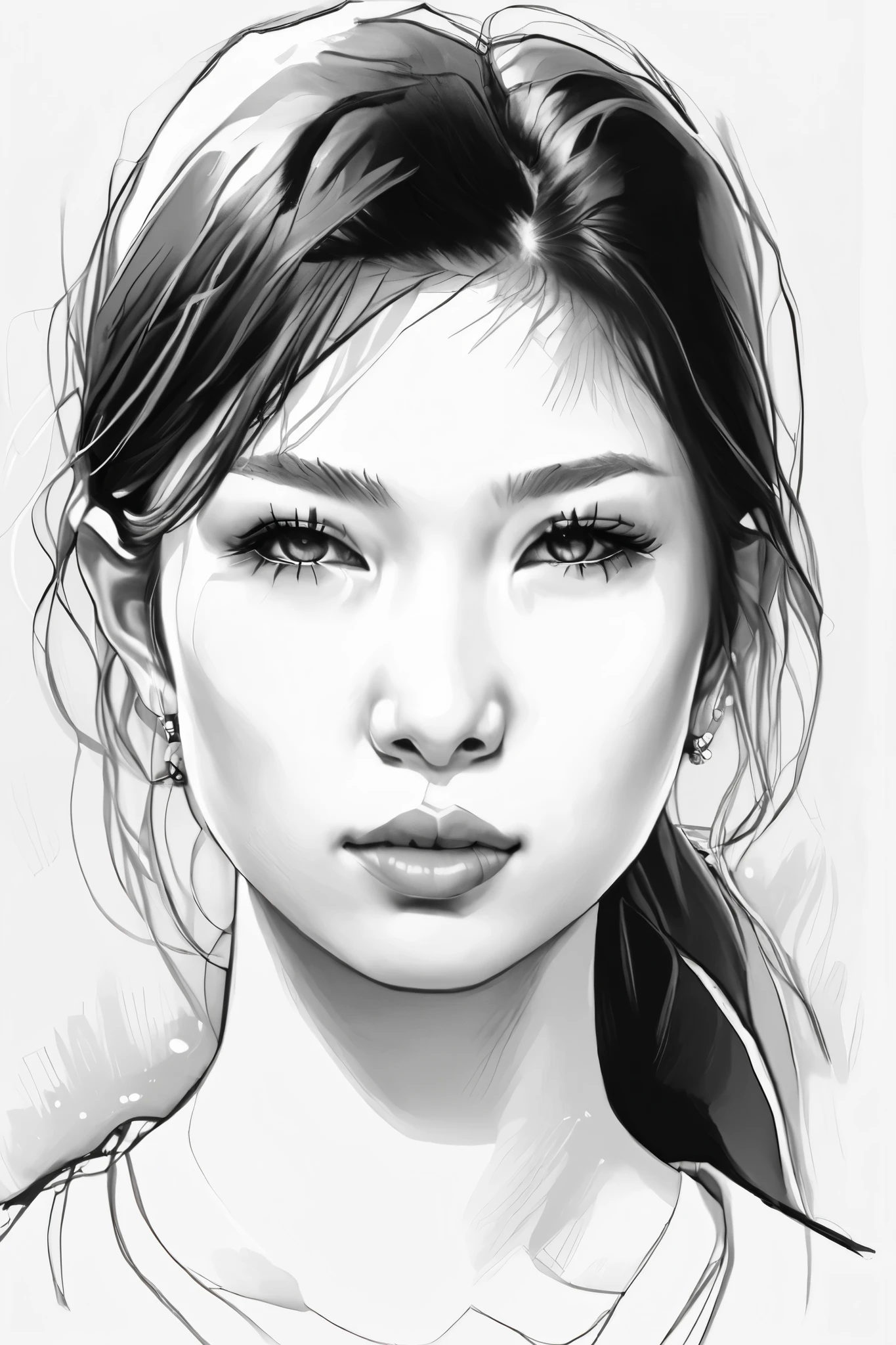 (drawing portrait realism:1 . 2) , face portrait、Black and White、 beautiful、skin texture has lots of realistic details , on A3 paper on desktop , desktop image quality iPhone 14 , 108 megapixel high resolution photo ,Sketch ,Use a container ,