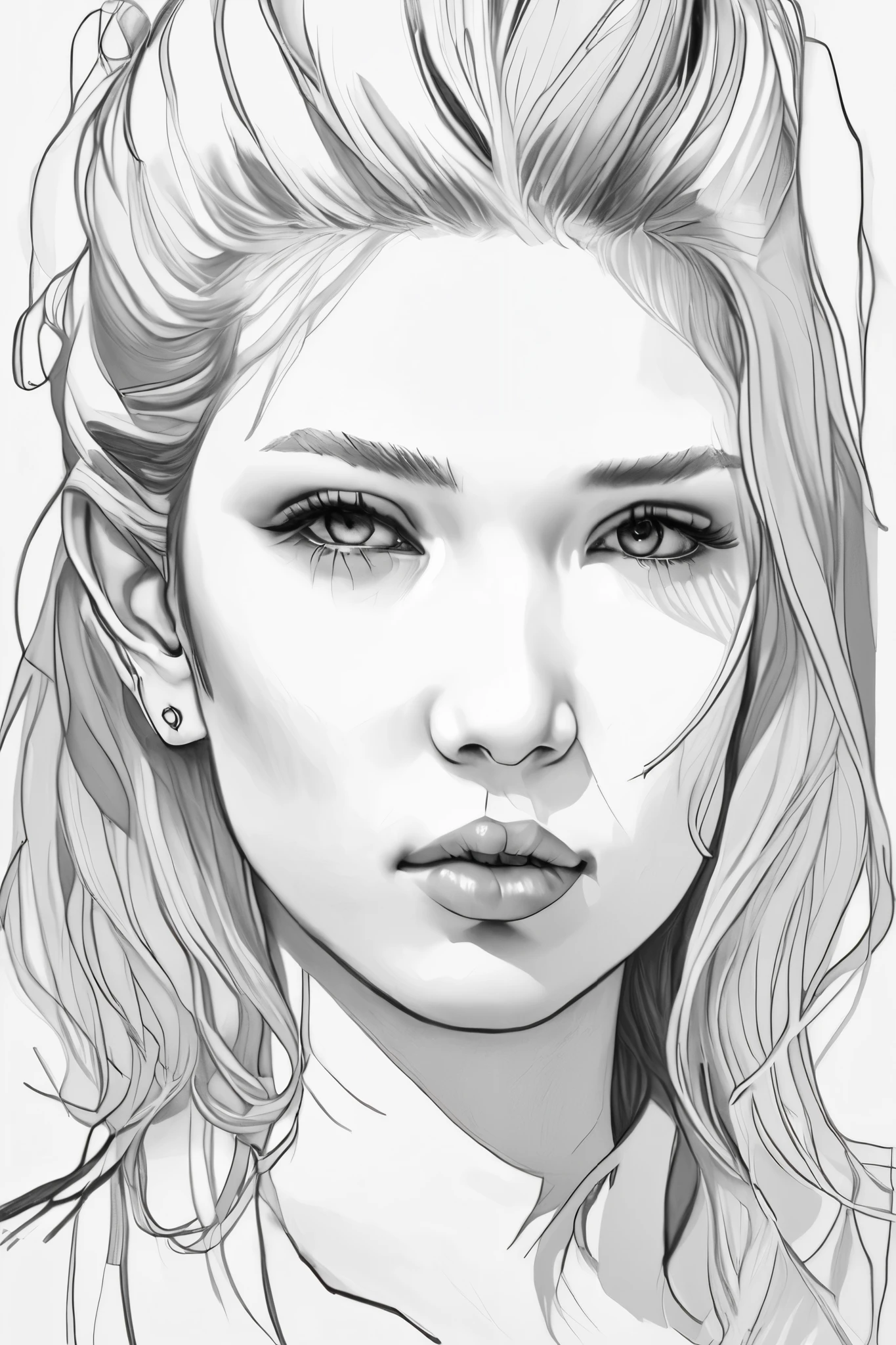 (drawing portrait realism:1 . 2) , face portrait、Black and White、 beautiful、skin texture has lots of realistic details , on A3 paper on desktop , desktop image quality iPhone 14 , 108 megapixel high resolution photo ,Sketch ,Use a container ,