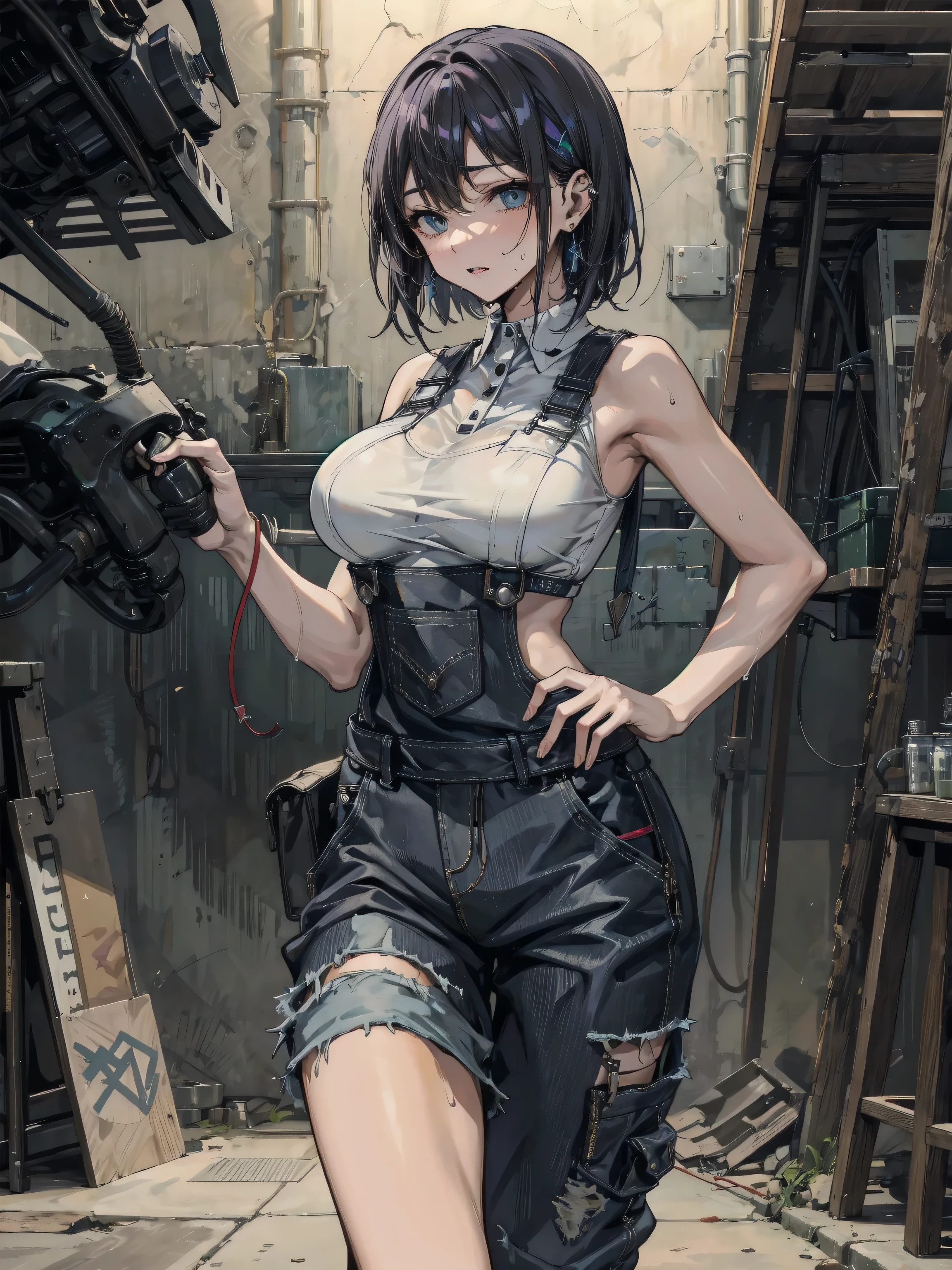 earring, large breasts, short hair, black hair, sexy, erotic, seductive, Sensual, adult body, sweat, cowboy shot, Mechanic girl, mechanic's overalls, sleeveless,