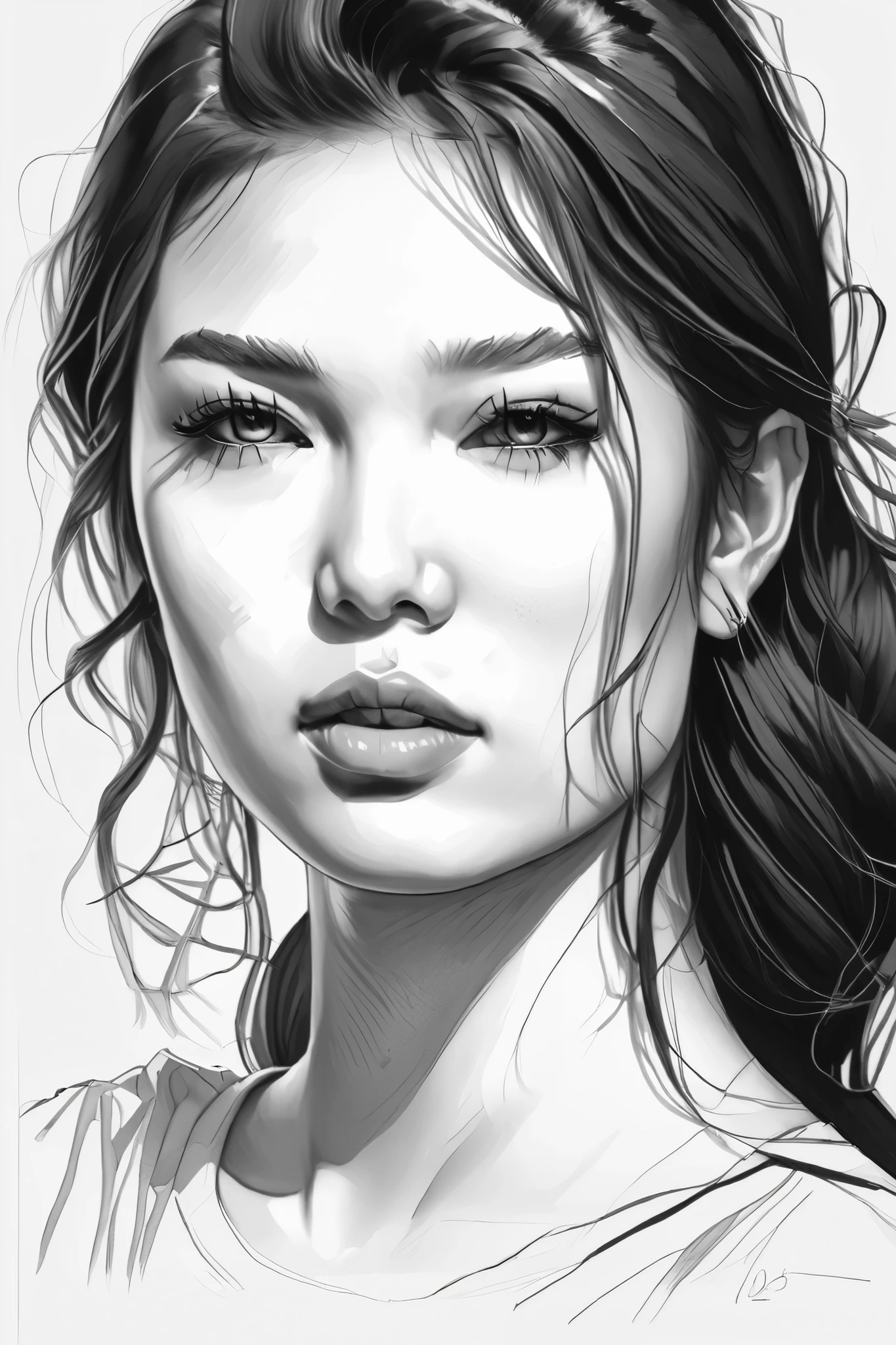 (drawing portrait realism:1 . 2) , face portrait、Black and White、 beautiful、skin texture has lots of realistic details , on A3 paper on desktop , desktop image quality iPhone 14 , 108 megapixel high resolution photo ,Sketch ,Use a container ,