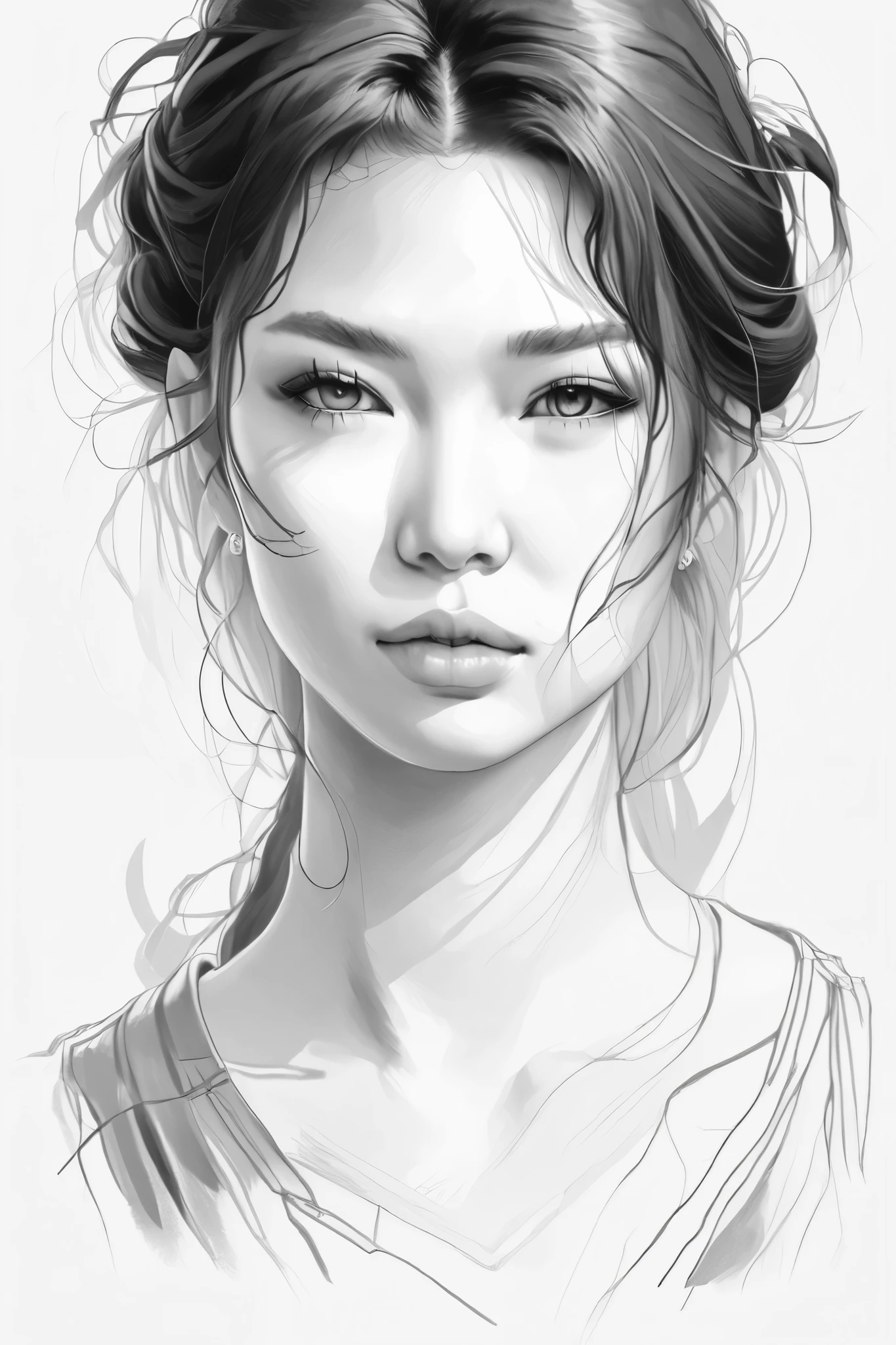 (drawing portrait realism:1 . 2) , face portrait、Black and White、 beautiful、skin texture has lots of realistic details , on A3 paper on desktop , desktop image quality iPhone 14 , 108 megapixel high resolution photo ,Sketch ,Use a container ,