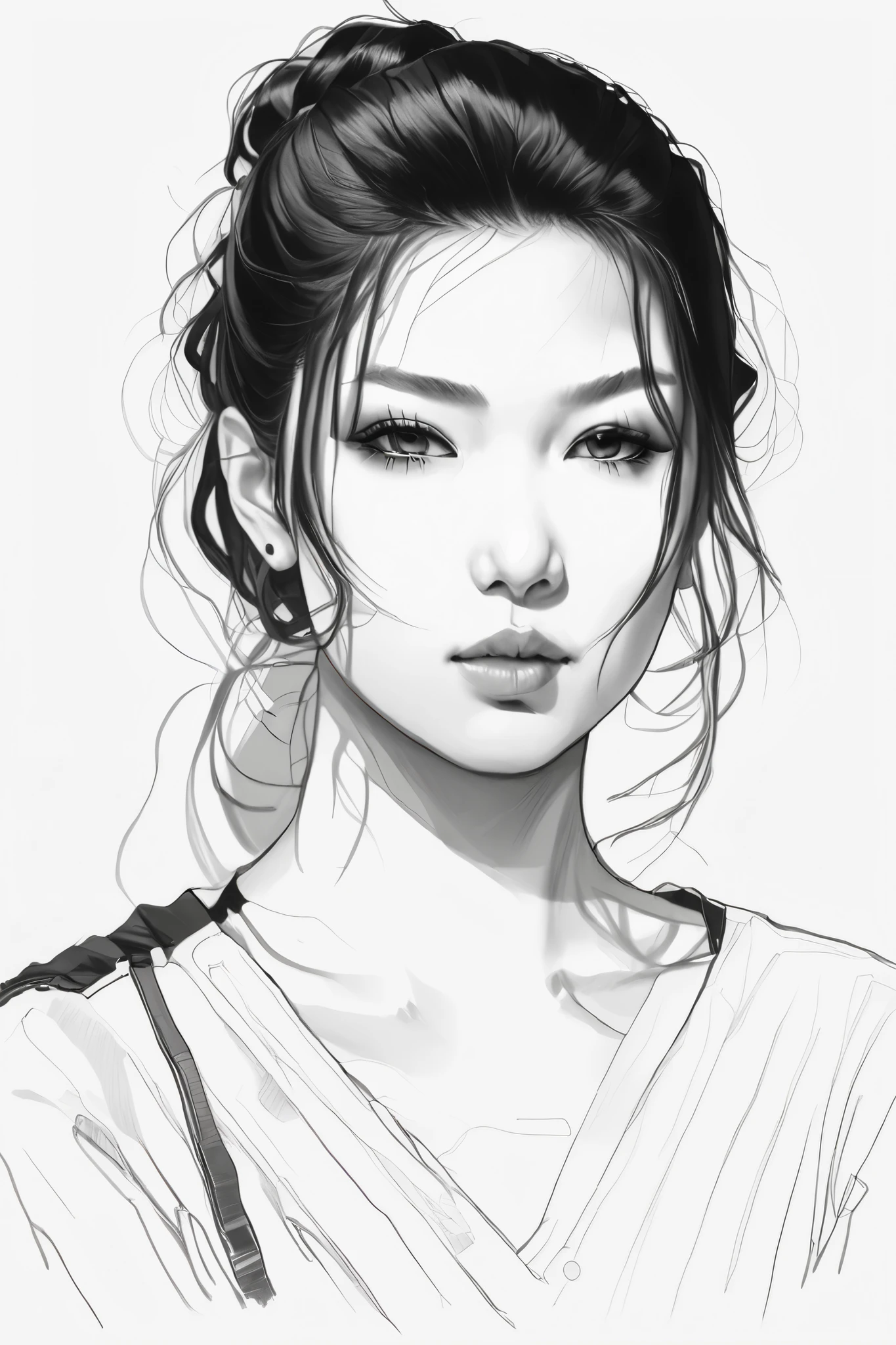 (drawing portrait realism:1 . 2) , face portrait、Black and White、 beautiful、skin texture has lots of realistic details , on A3 paper on desktop , desktop image quality iPhone 14 , 108 megapixel high resolution photo ,Sketch ,Use a container ,