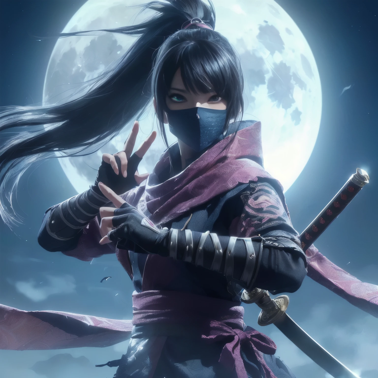 full moon background、close-up portrait of a person holding a sword, Mystical Ninja, Amazing anime 8k, Goth Ninja, anime style 4k, anime wallpaper 4k , anime wallpaper 4k , Akali, 4k anime wallpaper, Akali from league of legends, Kunoichi, MK Ninja, 4K Manga Wallpaper, Anime art wallpaper 8K