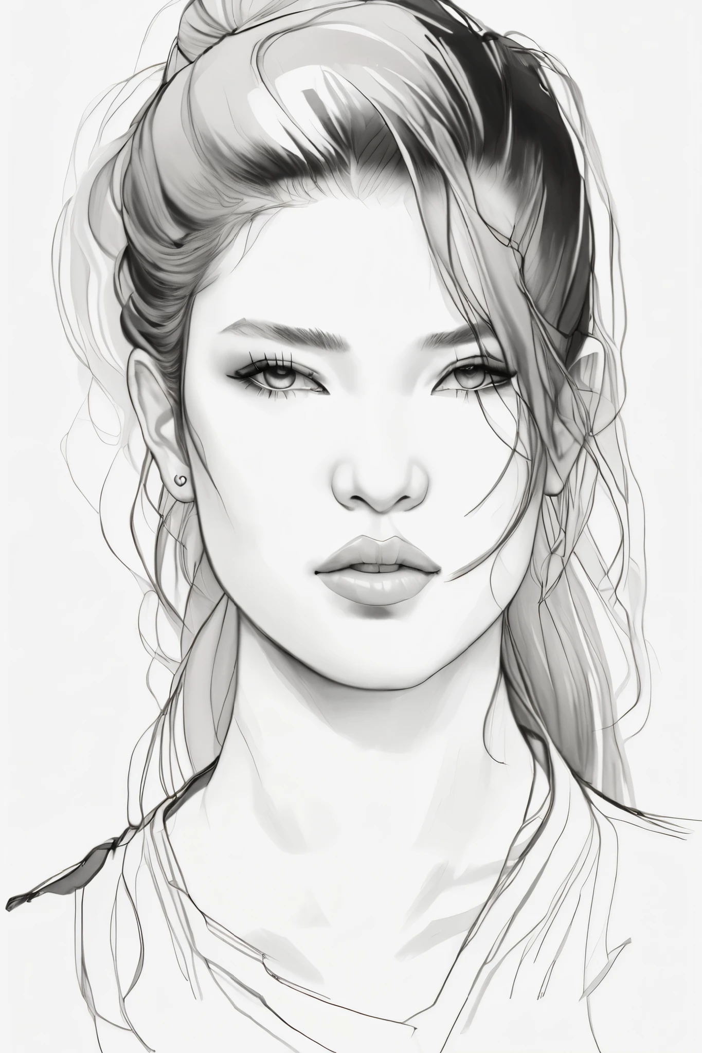 (drawing portrait realism:1 . 2) , face portrait、Black and White、 beautiful、skin texture has lots of realistic details , on A3 paper on desktop , desktop image quality iPhone 14 , 108 megapixel high resolution photo ,Sketch ,Use a container ,