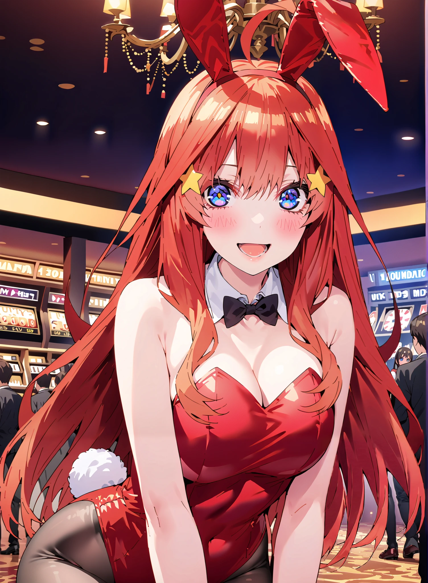score_9, score_8_up, score_7_up,  source_anime, Nakano Mizuki , long hair, blue eyes, hair ornament that places arms on the knee, red hair,star (  symbol ), star hair ornament that places arms on the knee, Big Breasts,Chest Valley, red playboy bunny, rabbit ears,red strapless leotards,red rabbit ear, rabbit tail, leotards, detachable collar,  wrist cuff as pmaru, black pantyhose,red stilettos,is standing,smile,blush,open their mouths,is standing, party venue,chandelier,crowd,full bodyがillustration for both eyesに入るように,break indoors, casino,
break looking at viewer,full body,
break (masterpiece:1.2), top quality, high resolution,  Unity 8K Wallpaper , (illustration for both eyes:0.8), (Beautiful Detailed Eyes:1.6), very detailed face,  perfect lighting, extremely detailed CG, full body写真,(perfect hand, perfect anatomy),