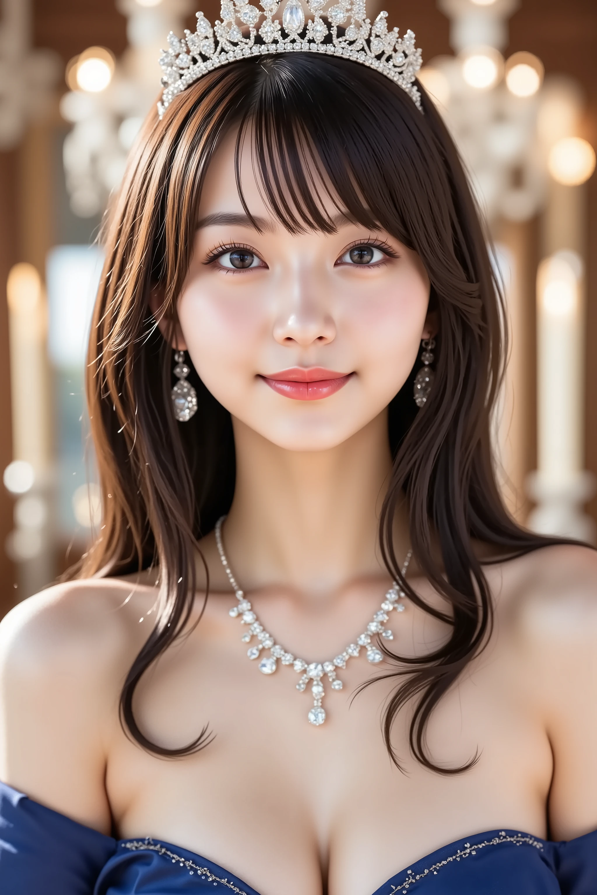 with the face positioned exactly in the center of the image, Upper chest, head is fully reflected with tight tension, I can clearly see my face , blue strapless dress with jewels, gorgeous backdrop with chandeliers and gorgeous jewelry, tiara、 necklaces and earrings 、long hair around chest, Bangs, smile, young and cute Japanese face, Official Art, high image quality during sick leave CG Unity 8k wallpaper, Ultra high image quality during sick leave, very detailed, high image quality during sick leave, FILM GRAIN, lens flare glow, top quality, 8k, snowy black fur coat as a, 8k, viewer, masterpiece, top quality, very detailed, it's cute, sexy, very detailedな, Detailed Features , beautiful, Illustration of a Woman Having a Penis, beautiful Japanese woman, Women's 1, tight breasts