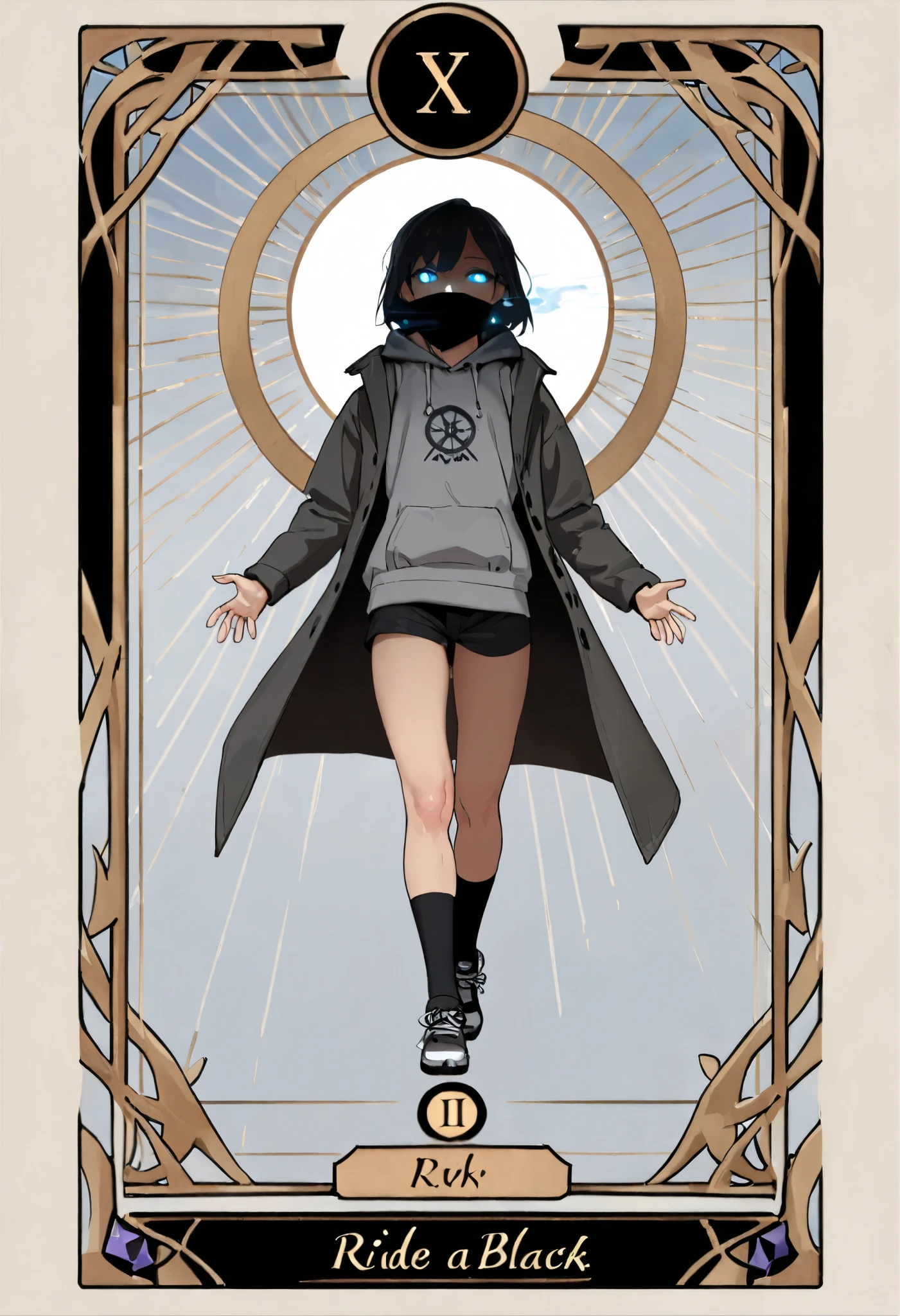 (high quality),(masterpiece),(detailed description),(8k),perfect human body, tarot card frame , black hair,shortcuts,glowing eyes,Blue Eyes,Hooded,gray hoodie,wear a black long coat,hide your mouth with a bandana,Gun possession,black shorts,black socks that cover your thighs, flat chest,girl