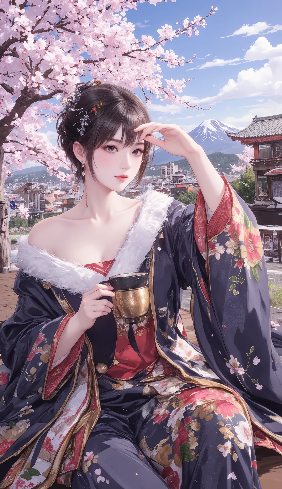 masterpiece, best quality,ultra resolution, perfect anatomy, One Woman, calm、 kimono、landlady、sitting、 drinking tea、Showa-style town,cherry blossoms、Mount Fuji in the distance、absurd、metaphysics 、studio lighting、vibrant colors