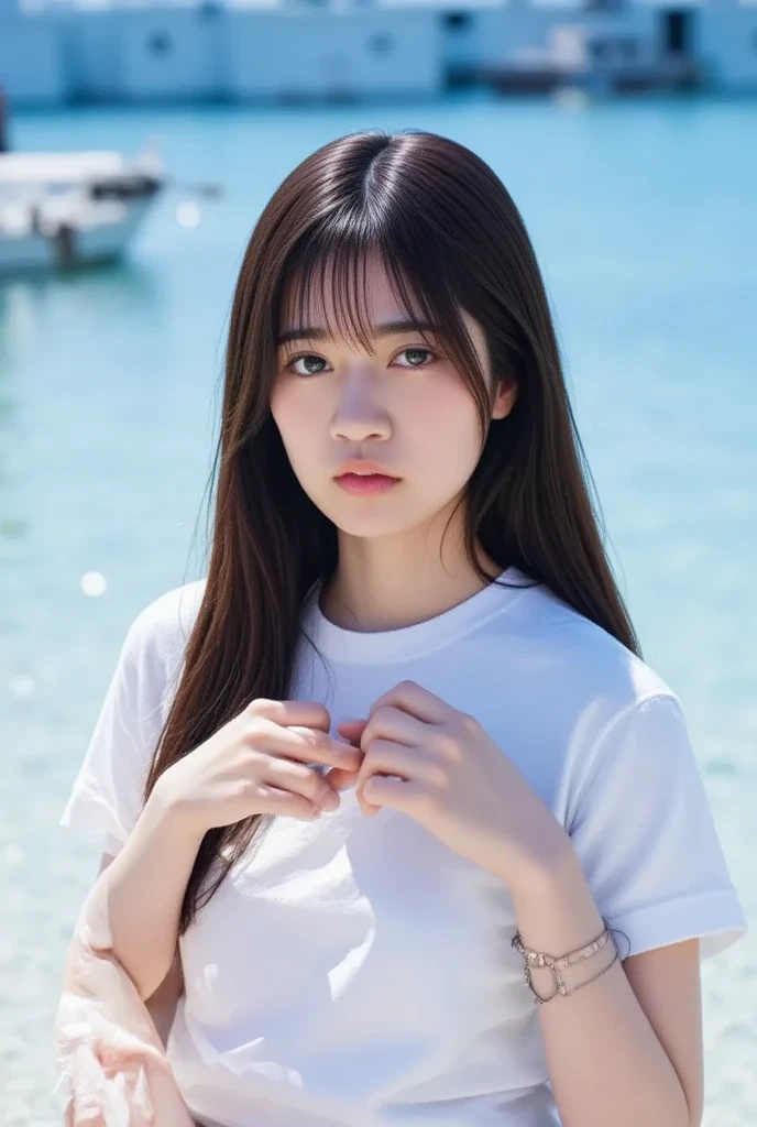 (((Top-down configuration:1.33)))、((No underwear:1.55))、One Girl、Beautiful and detailed eyes and face、barefoot、20 year old cute Japan woman, ((Extremely precise and accurate anatomy:1.0)), (photo Realistic:1.4), (hyper Realistic:1.4), (最高品質のRealisticな肌の質感:1.4), (Improvement of quality:1.4), (Enhances the beauty of skin texture:1.1), Clean and glowing skin, mesh, thin:1.2, (Realistic:1.3), Realisticなライティング, (Smoother lighting:1.05), (Improving the quality of cinema lighting:0.9), Backlight, A gentle light on your face, Ray Tracing, (Bright light:1.2), 32k, One Japanese woman, fine grain, Detailed face, (Film Grain:1.1),(Accentuates body lines:1.1), High resolution, Natural look, Kind eyes, Improves hair quality, Delicate light and shadow, Transparent muscles, Graceful pose, Beautiful Eyes, Sharp details, Soft light reflection, Beautiful contours, Delicate skin tone, Fine hair texture, Natural background, (((sunny day、Beach、A strong wind is blowing、Her hair and skirt are flying、Squat, Traditional navy blue sailor uniform、Open shirt、Pleated skirt、Scooping seawater with hands:1.25、splash、Sandy Beach、Light of the sun、clear blue sea、The waves crash quietly、Blue sky and white clouds、green mountain々、Beautiful Nature、The joys of youth)))、