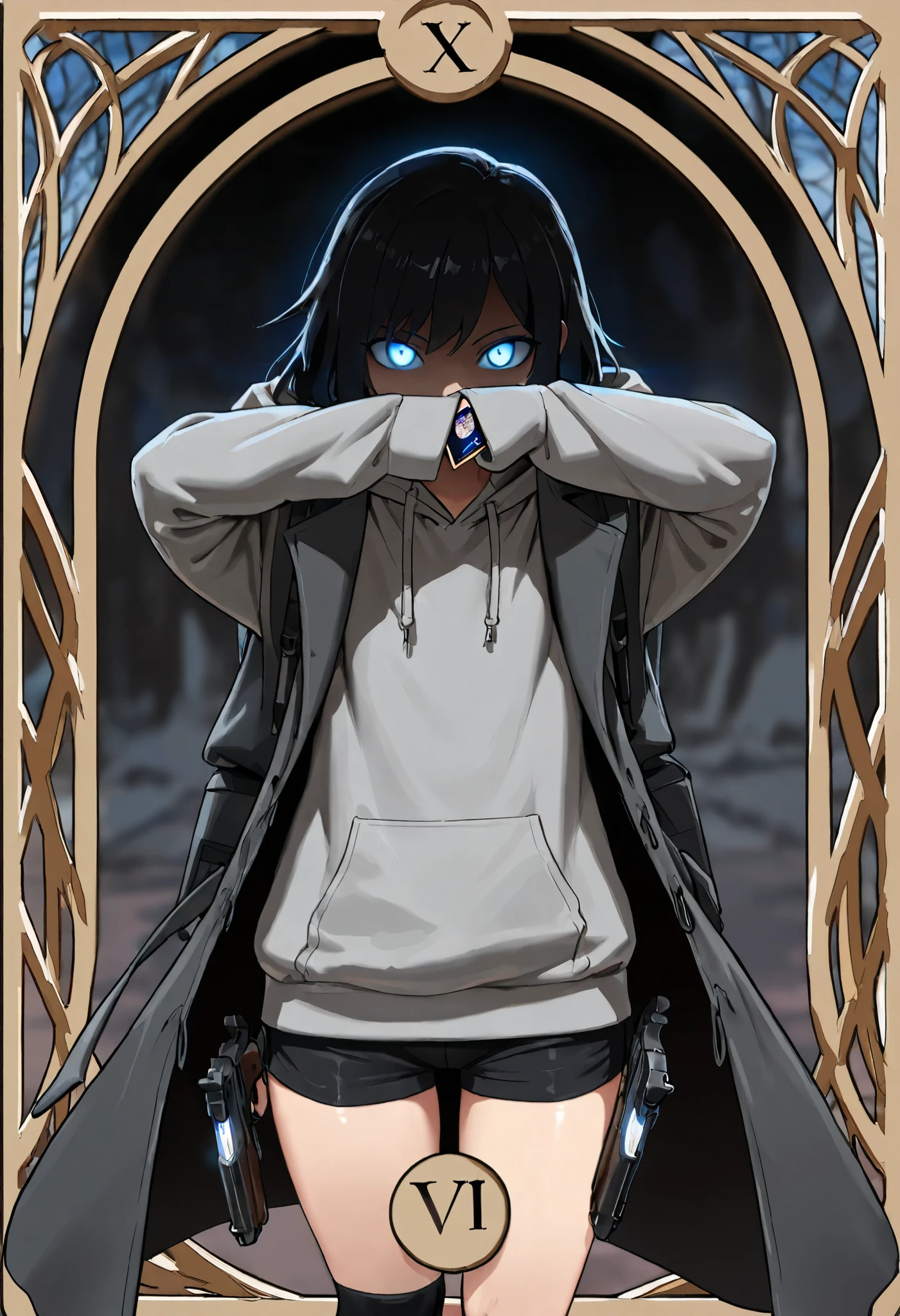 (high quality),(masterpiece),(detailed description),(8k),perfect human body, tarot card frame , black hair,shortcuts,glowing eyes,Blue Eyes,Hooded,gray hoodie,wear a black long coat,hide your mouth with a bandana,Gun possession,black shorts,black socks that cover your thighs, flat chest,girl,cowboy shot hiding underarms,detailed face